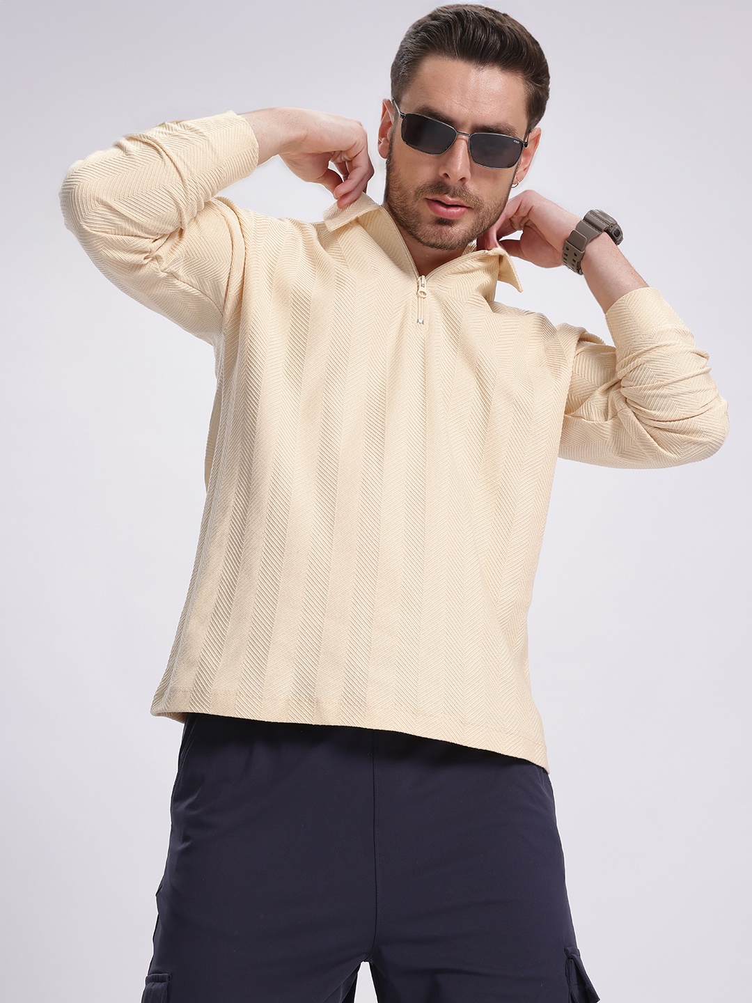 

glitchez Smart Staple Textured Half Zipper Polo Sweatshirt, Cream