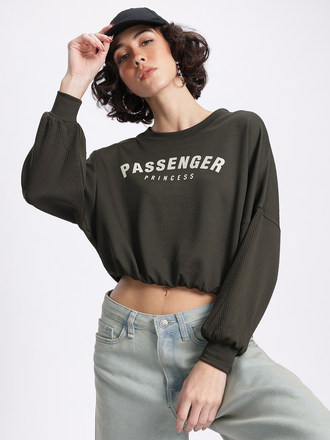 

glitchez Vibe Check Self-Design Printed Cropped Sweatshirt, Olive