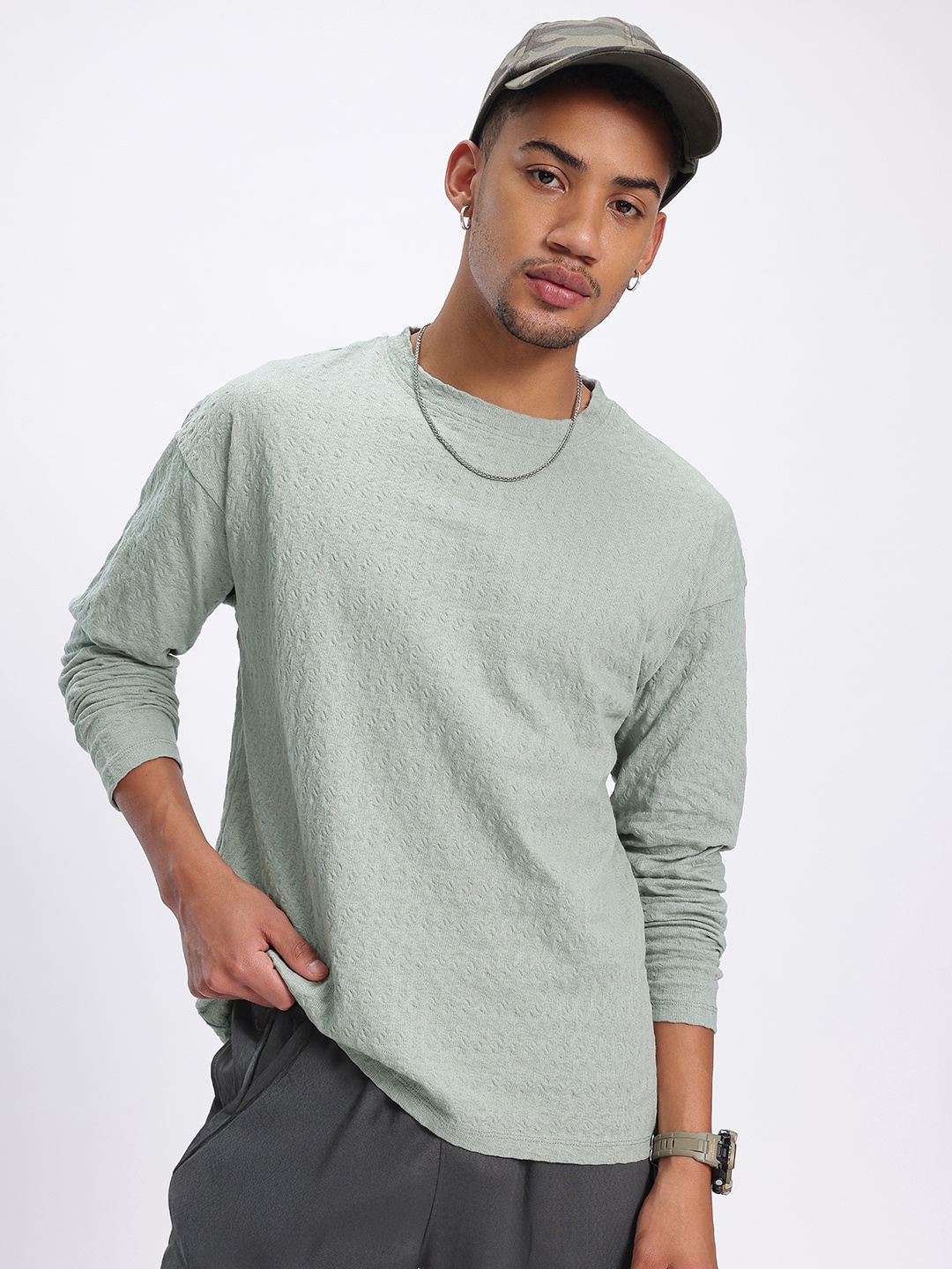 

glitchez Seersucker Style Textured Relaxed Sweatshirt, Green