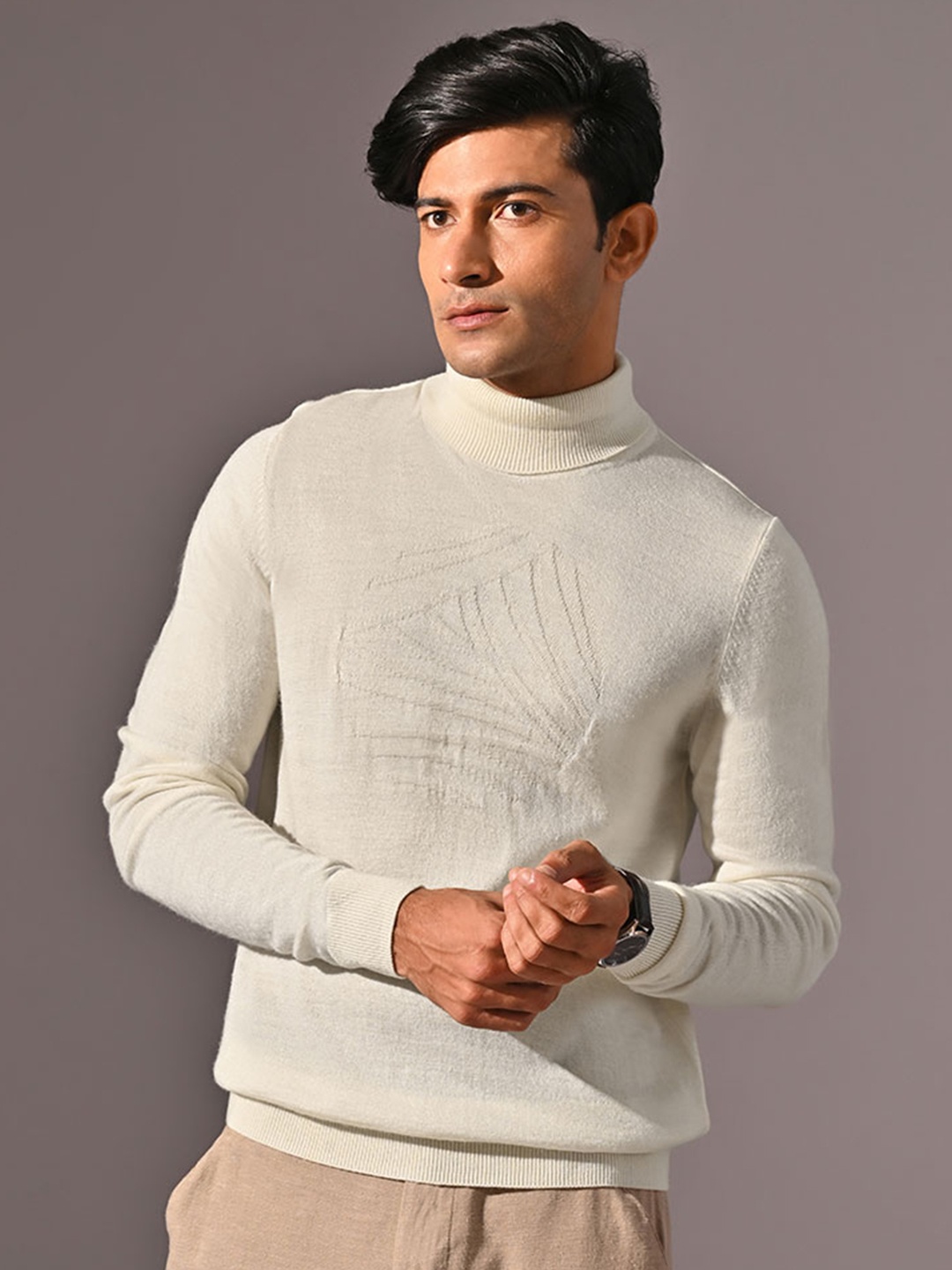 

KINGDOM OF WHITE Men Turtle Neck Knitted Regular Fit Sweater, Off white