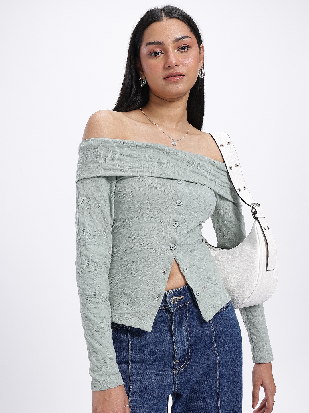 

glitchez Shoulder Pop Seersucker Top, Green