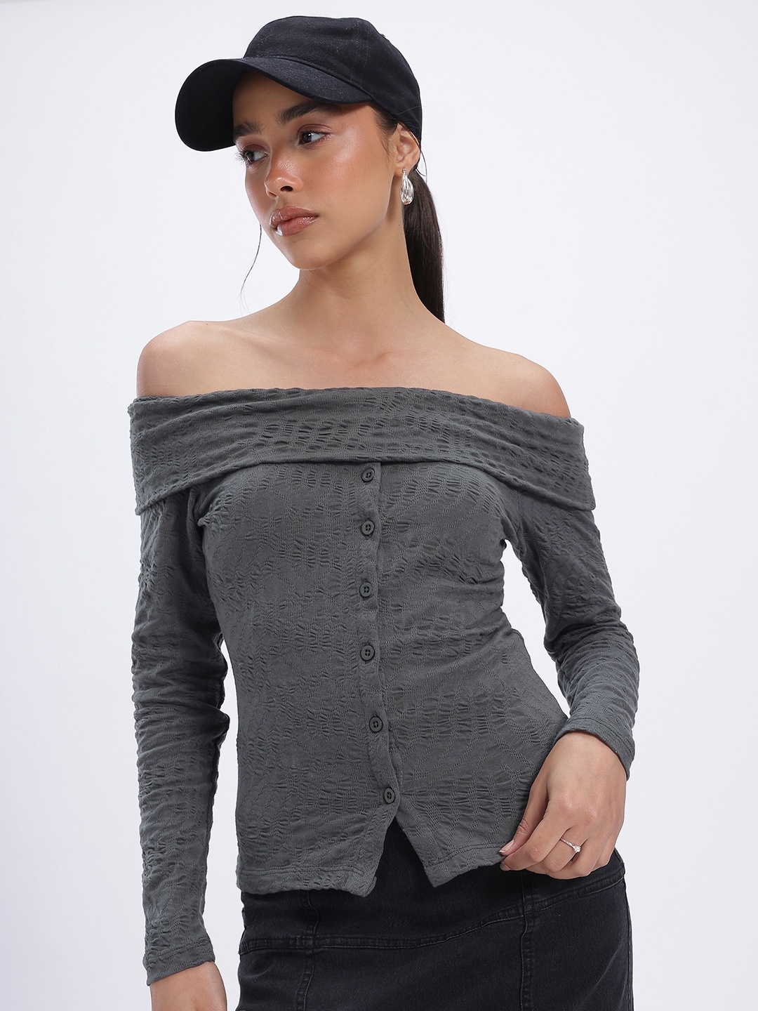 

glitchez Softly Seersucker Off-Shoulder Bardot Top, Grey