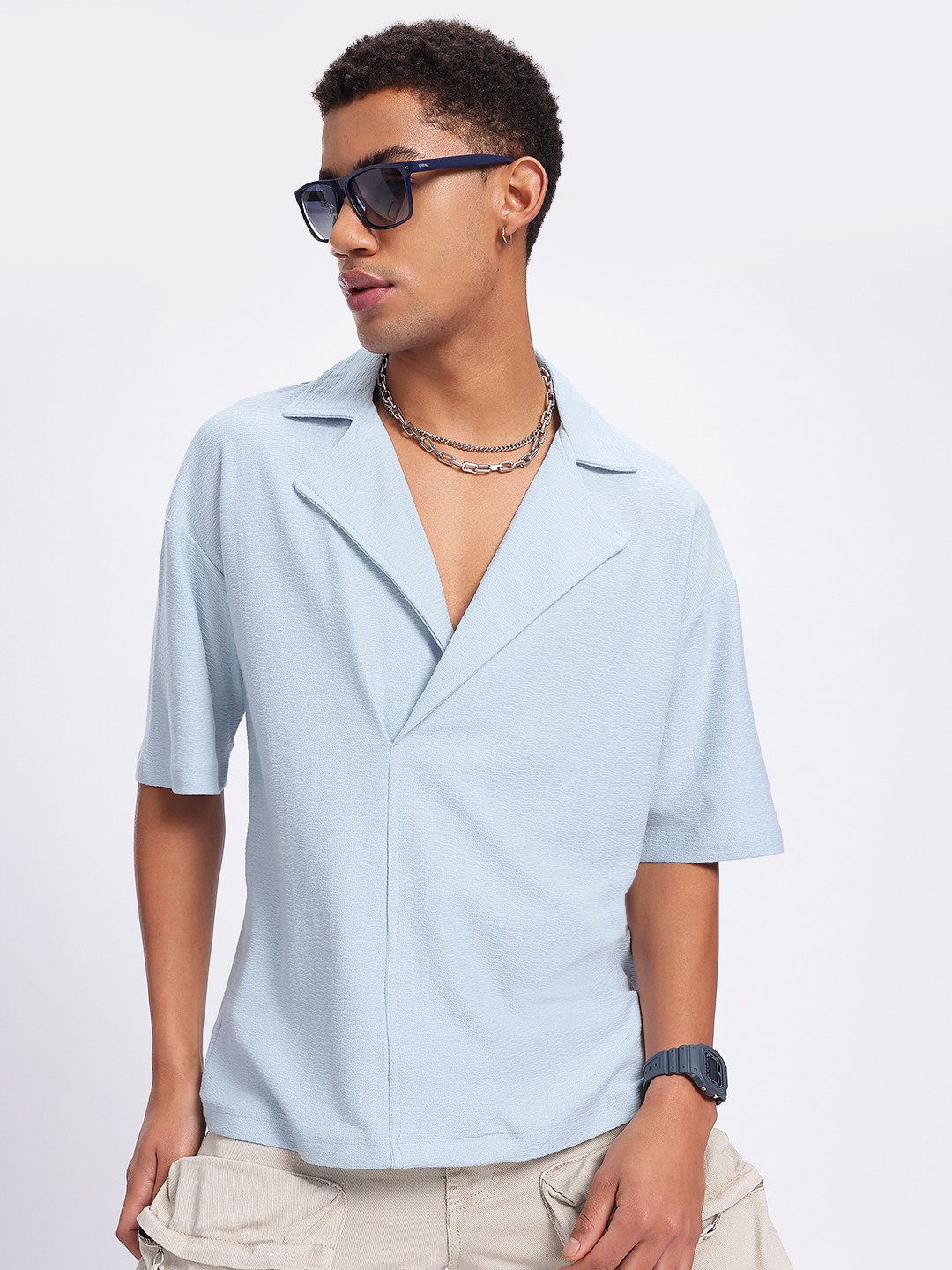 

glitchez Textured Voyage Lapel Collar Shirt, Blue