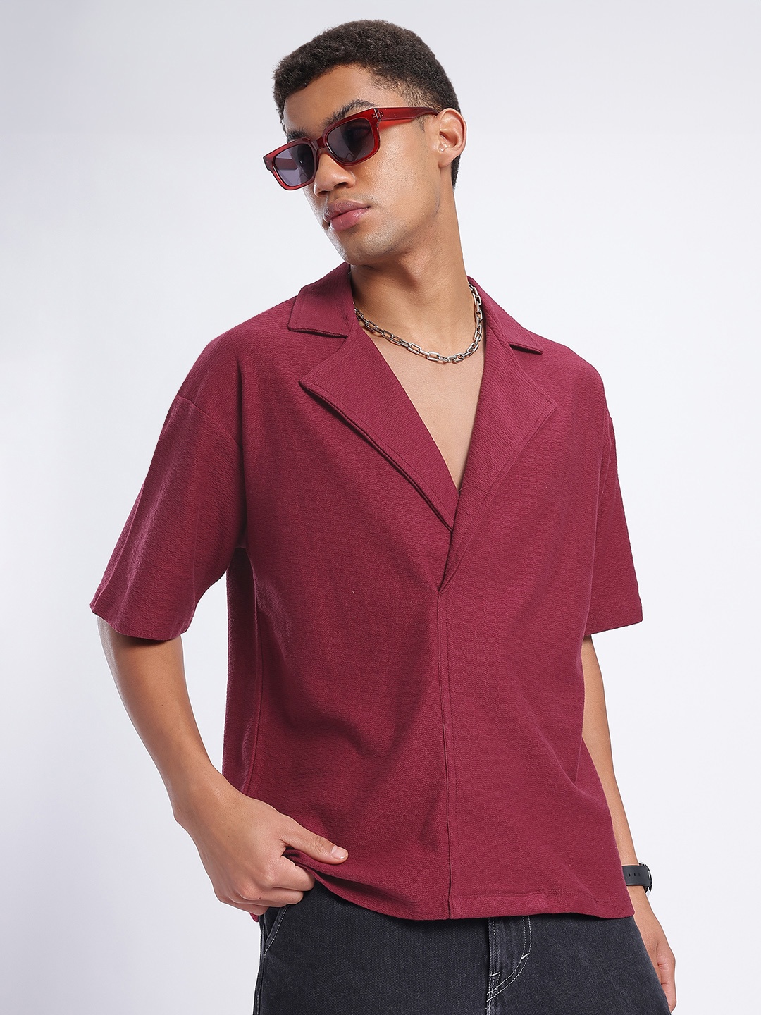 

glitchez Escape Essentials Drop-Shoulder Textured Wrap Style Shirt, Maroon