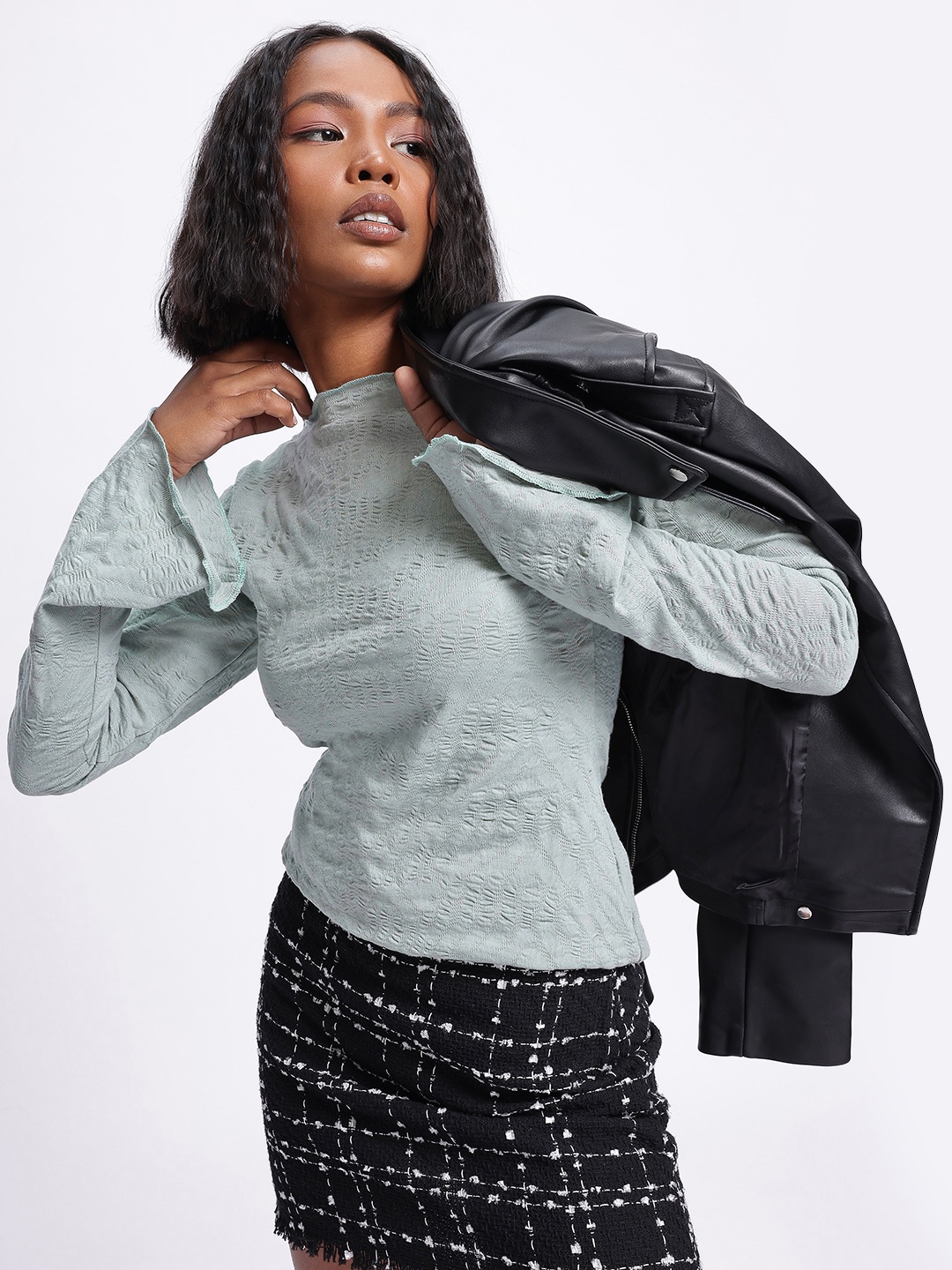 

glitchez Seersucker Luxury Flared Sleeve Self-Designed Top, Green