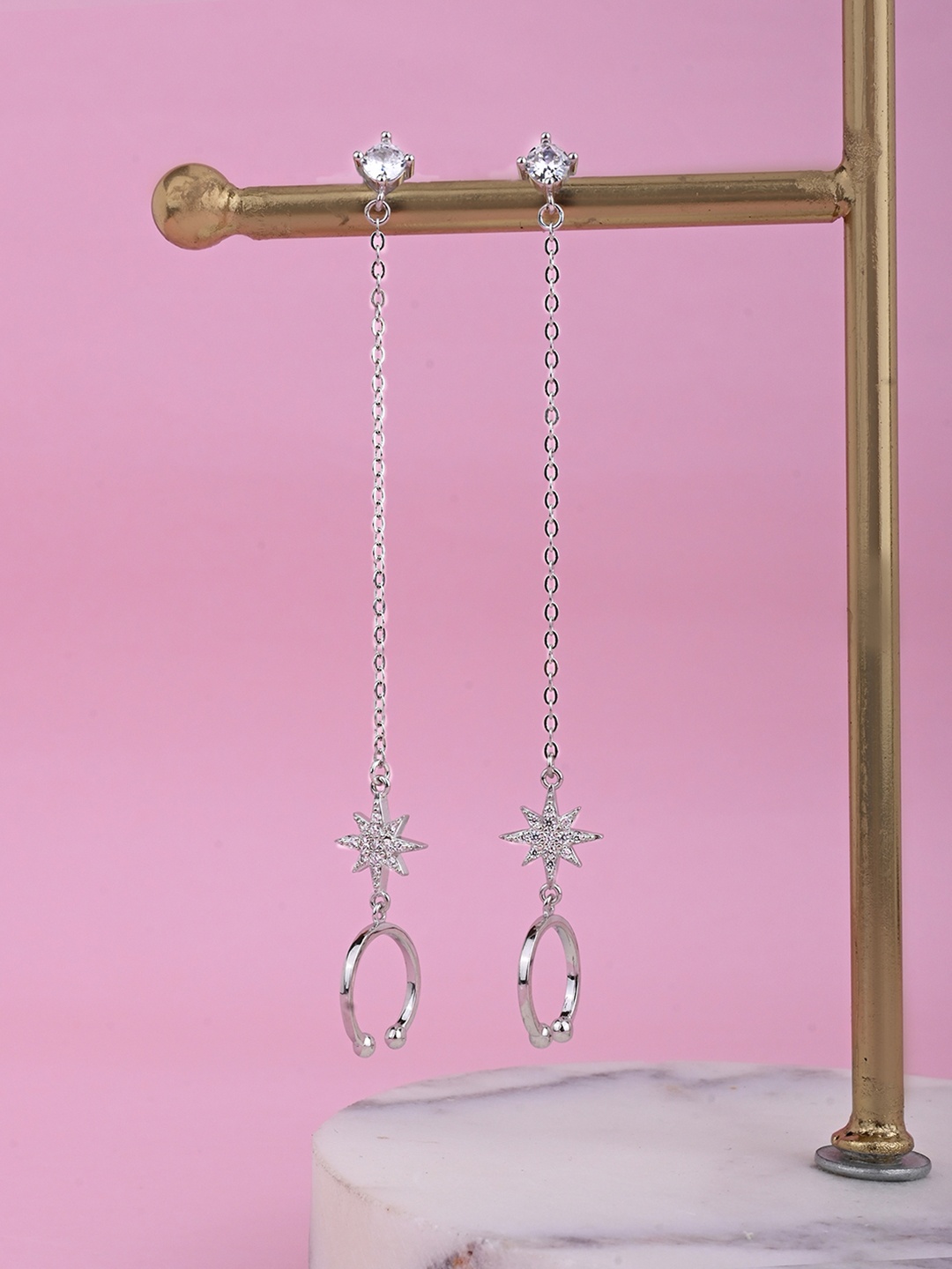 

TOUCH925 Pure Silver Cubic Zirconia Stone Studded Contemporary Drop Earrings