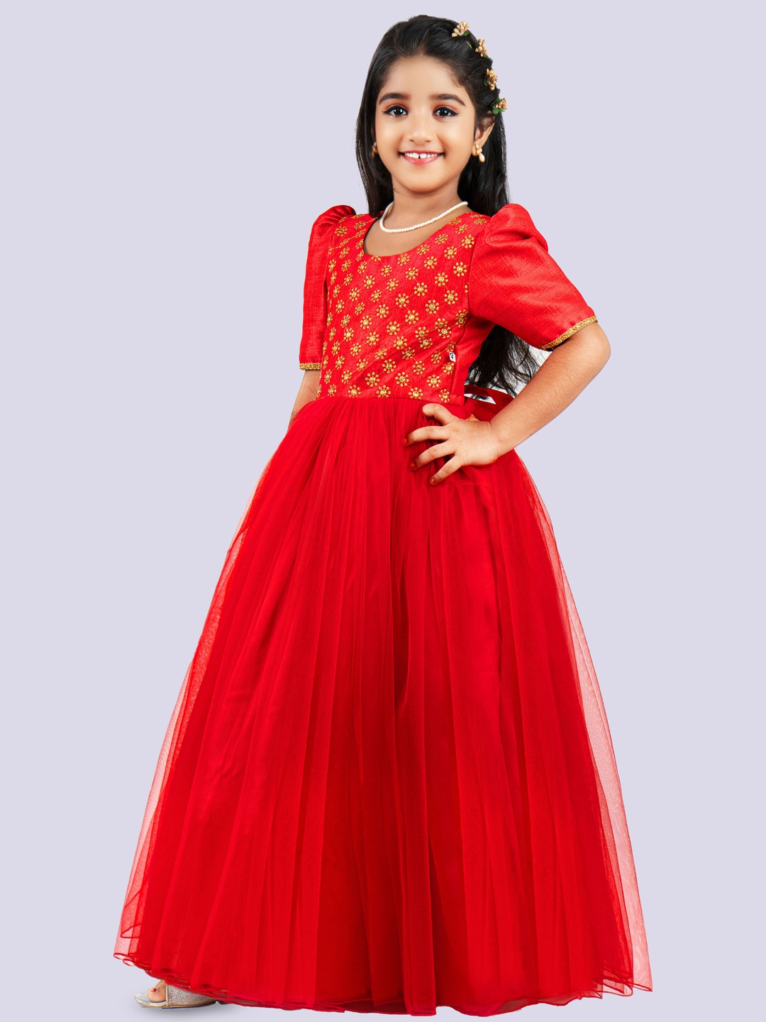 

STANWELLS KIDS Girls Embellished Embroidered Puff Sleeve Net Maxi Dress, Red