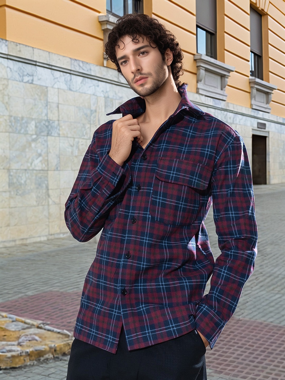 

UNRL Tartan Checks Checked Casual Shacket, Maroon