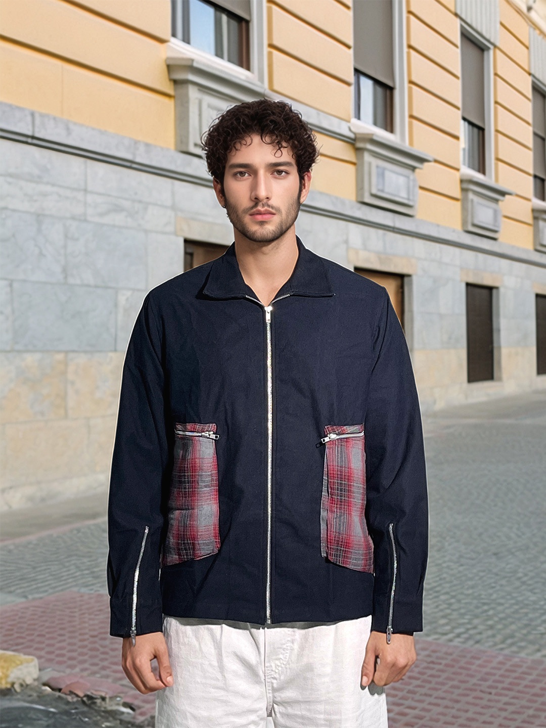 

UNRL Checked Detail Tailored Jacket, Navy blue