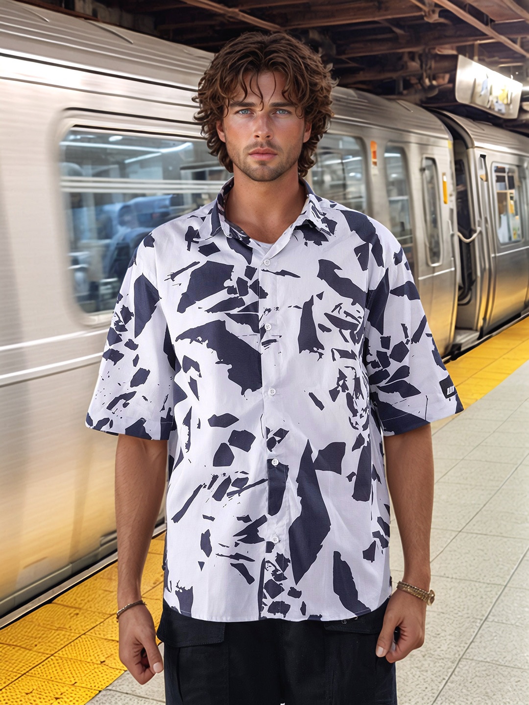 

UNRL Cotton Printed Casual Relaxed Fit Shirt, White