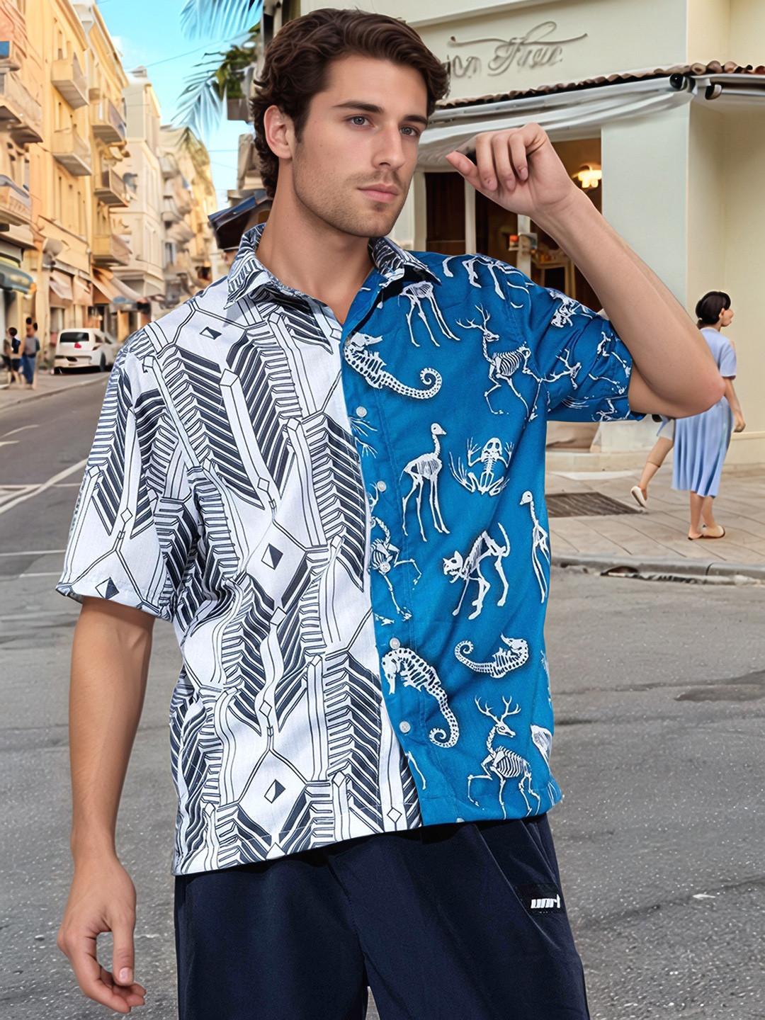 

UNRL Men Opaque Printed Relaxed Fit Casual Shirt, Blue