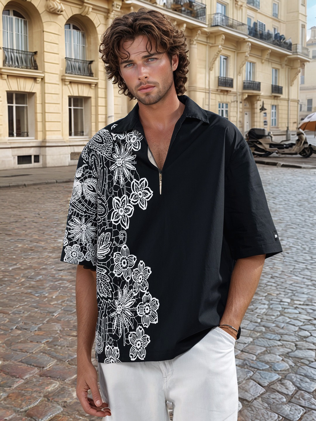 

UNRL Cotton Printed Casual Relaxed Fit Shirt, Black