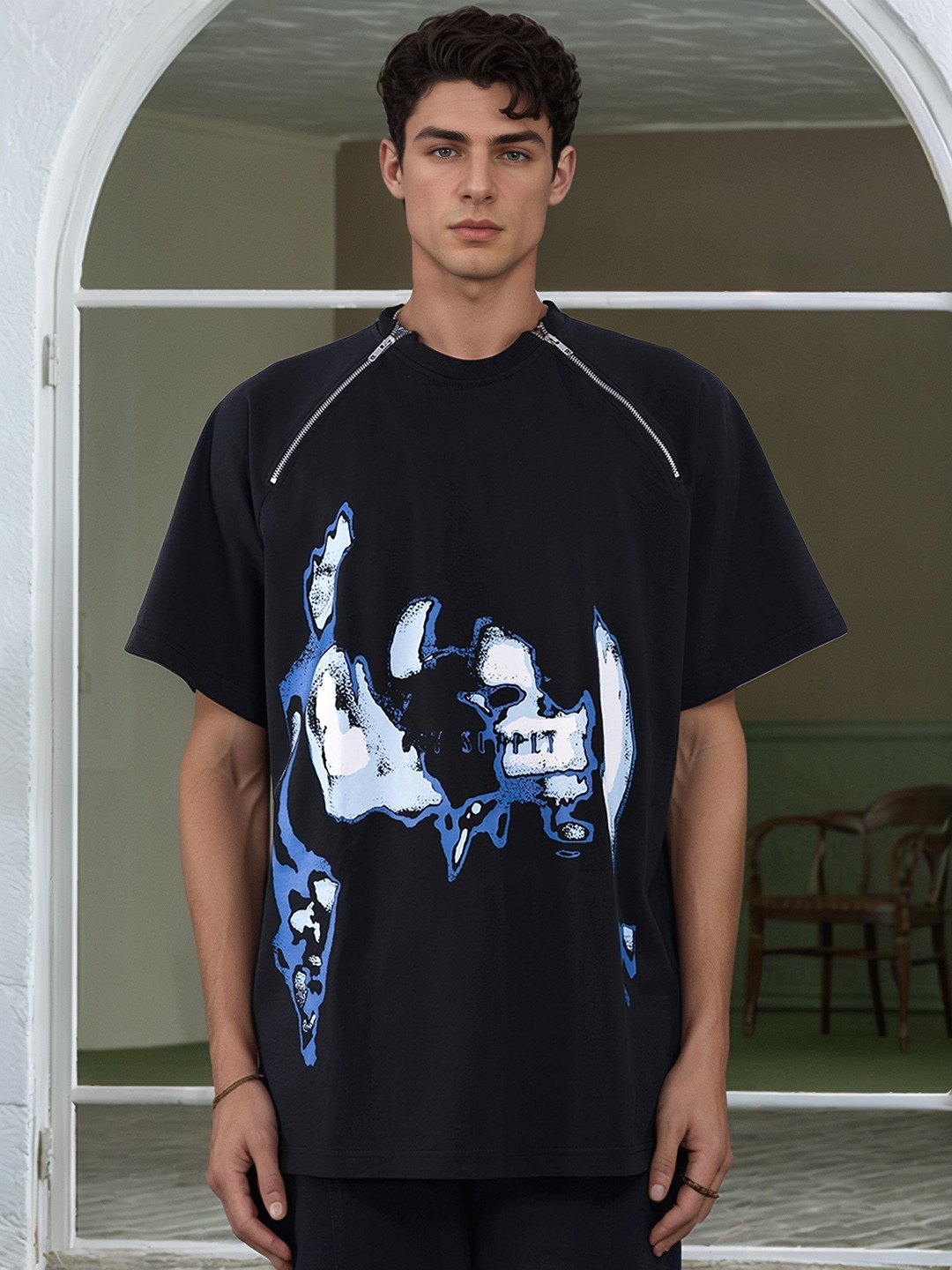 

UNRL Printed Pure Cotton Zip Detail Oversize T-shirt, Black