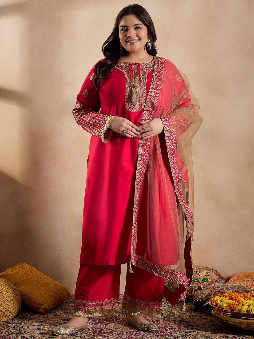 

INDDUS PLUS Tie-Up Neck Ethnic Motifs Embroidered Straight Kurta with Trouser & Dupatta, Magenta