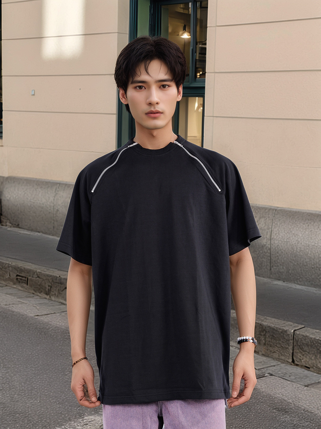 

UNRL Graphic Print Raglan Sleeves Pure Cotton Oversized T-shirt with Zip Detail, Black
