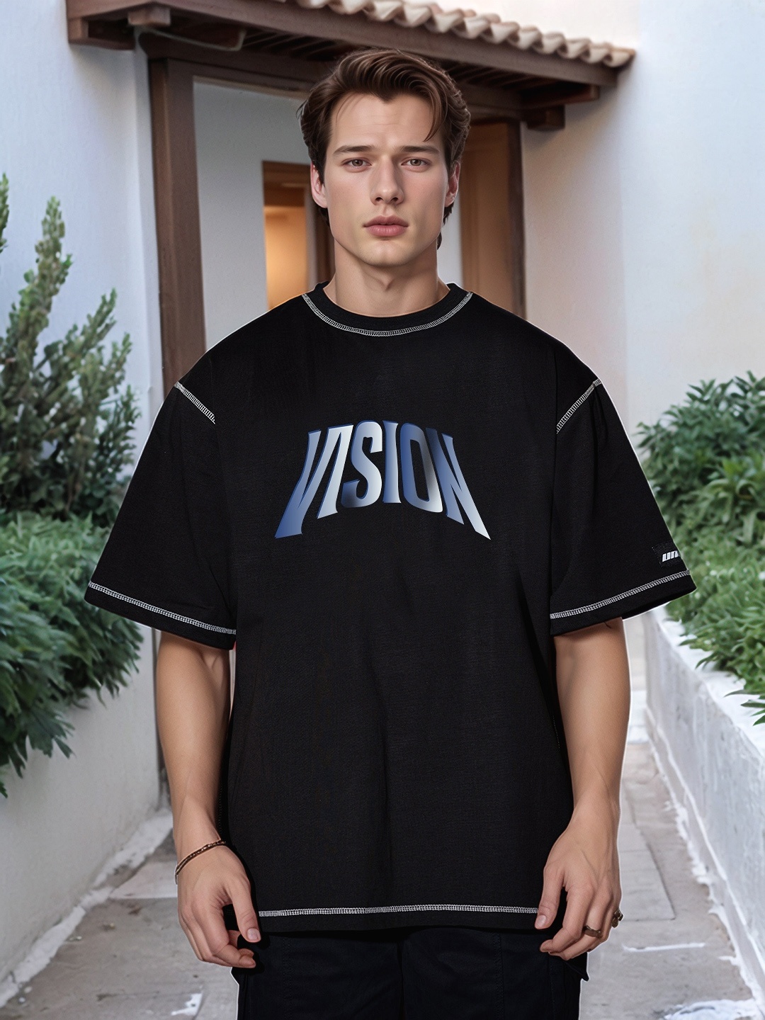 

UNRL Graphic & Typography Print Drop-Shoulder Sleeves Pure Cotton Oversized T-shirt, Black
