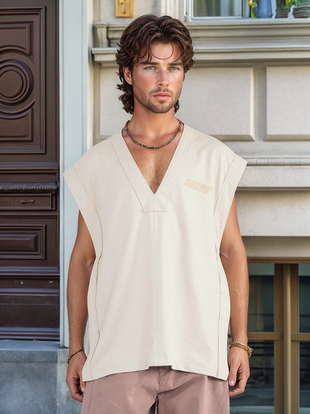 

UNRL V-Neck Extended Sleeves Pure Cotton Oversized Belted Detail T-shirt, Beige