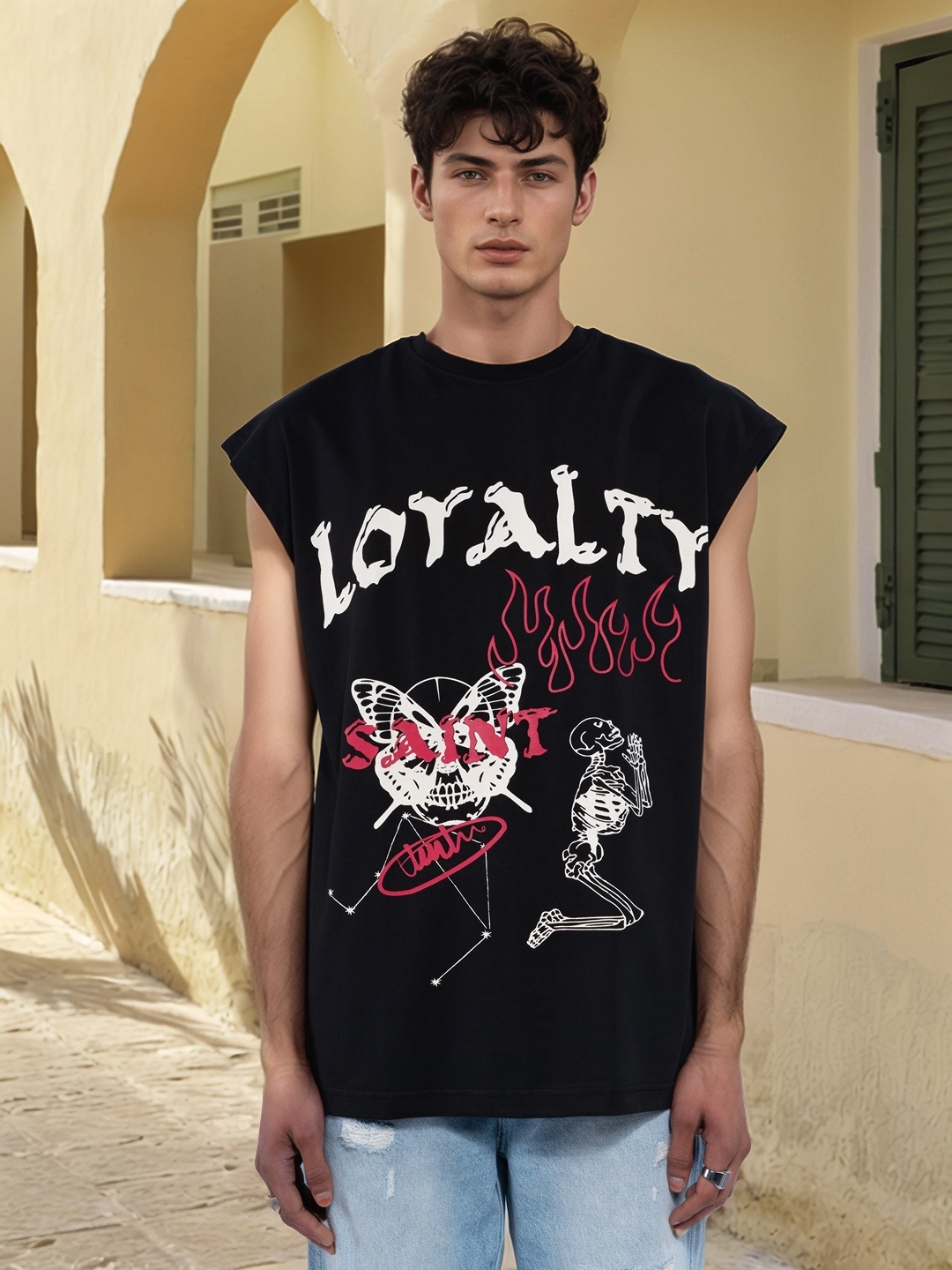 

UNRL Graphic Print Extended Sleeves Pure Cotton Oversized T-shirt, Black