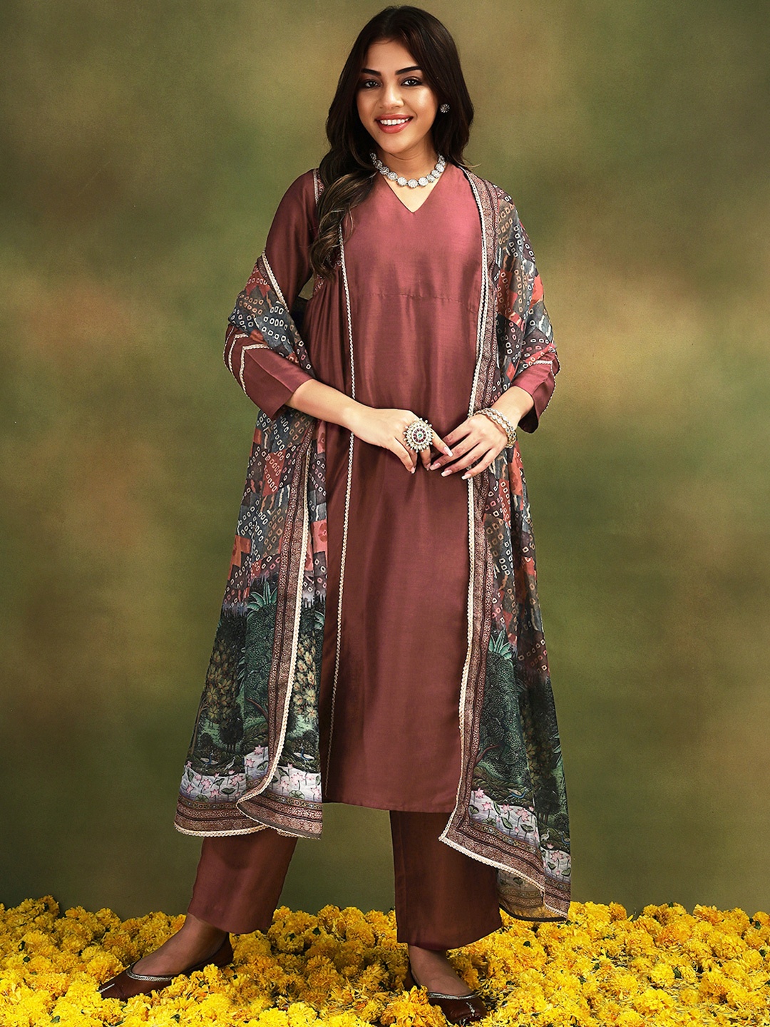 

Stylefables V-Neck Thread Work Pure Cotton A-Line Kurta with Trousers & Dupatta, Maroon