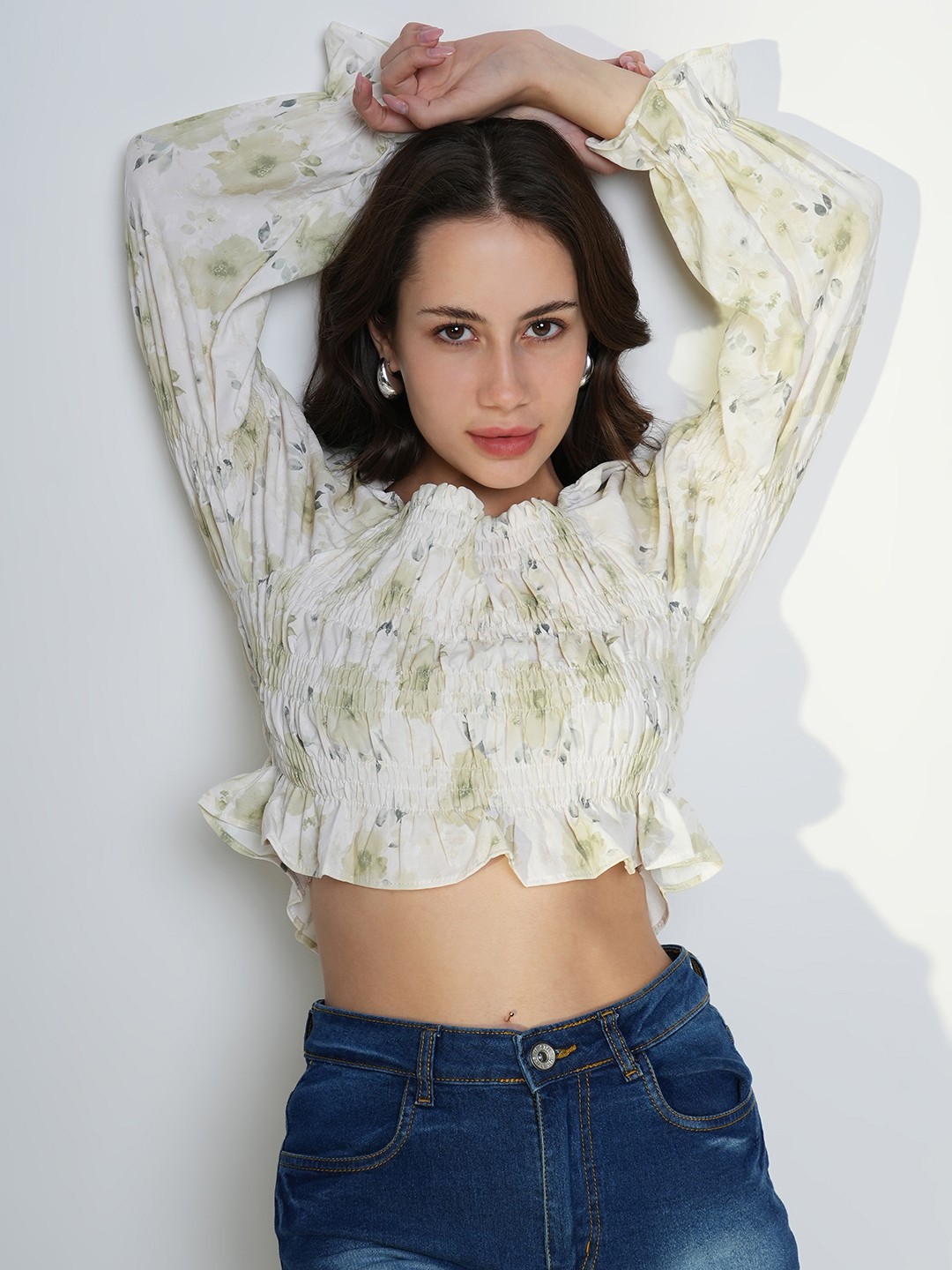 

SHOWOFF Women Floral Print Puff Sleeve Crop Top, Green