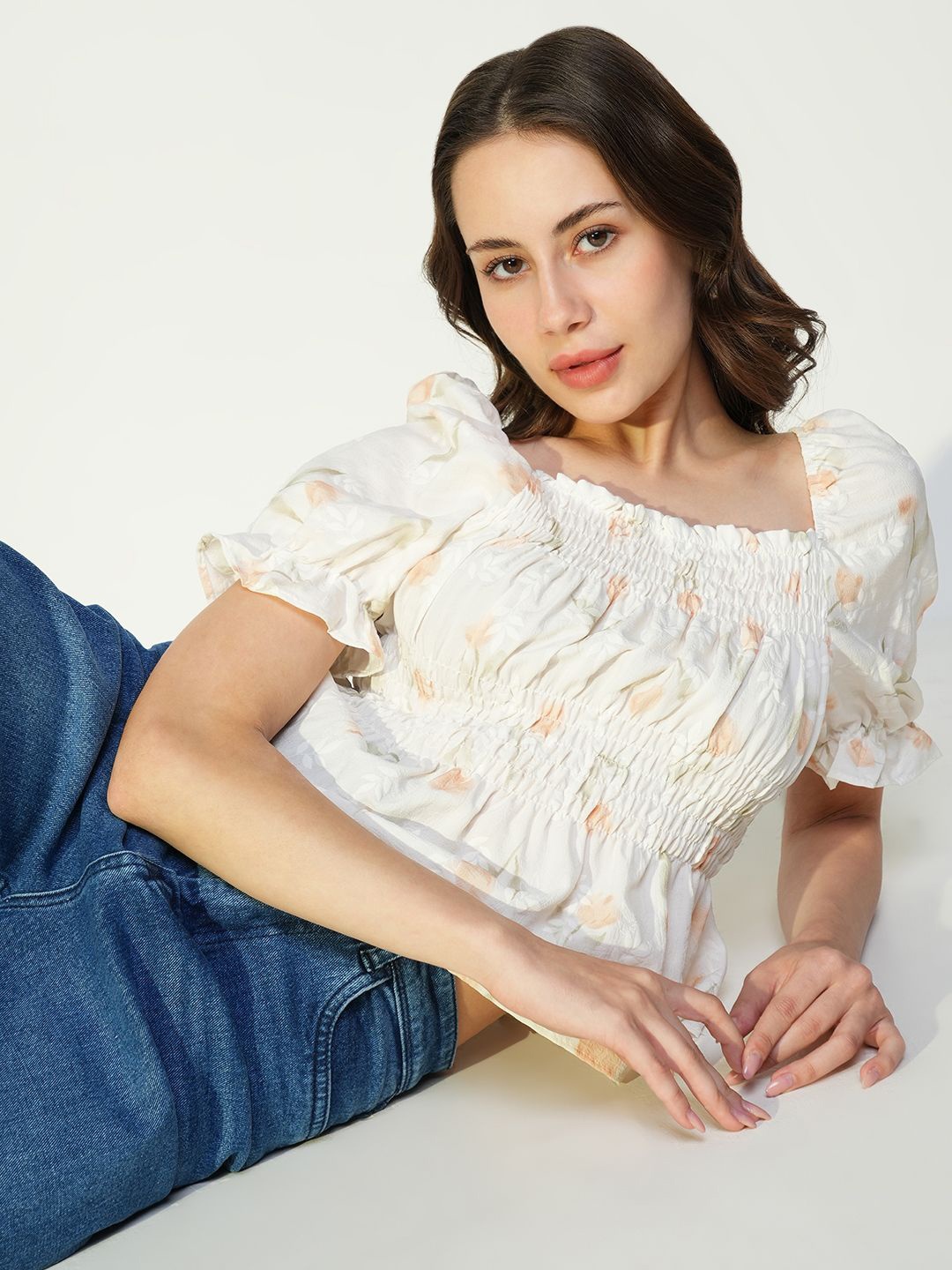 

SHOWOFF Women Floral Printed Smocking Peplum Top, Cream