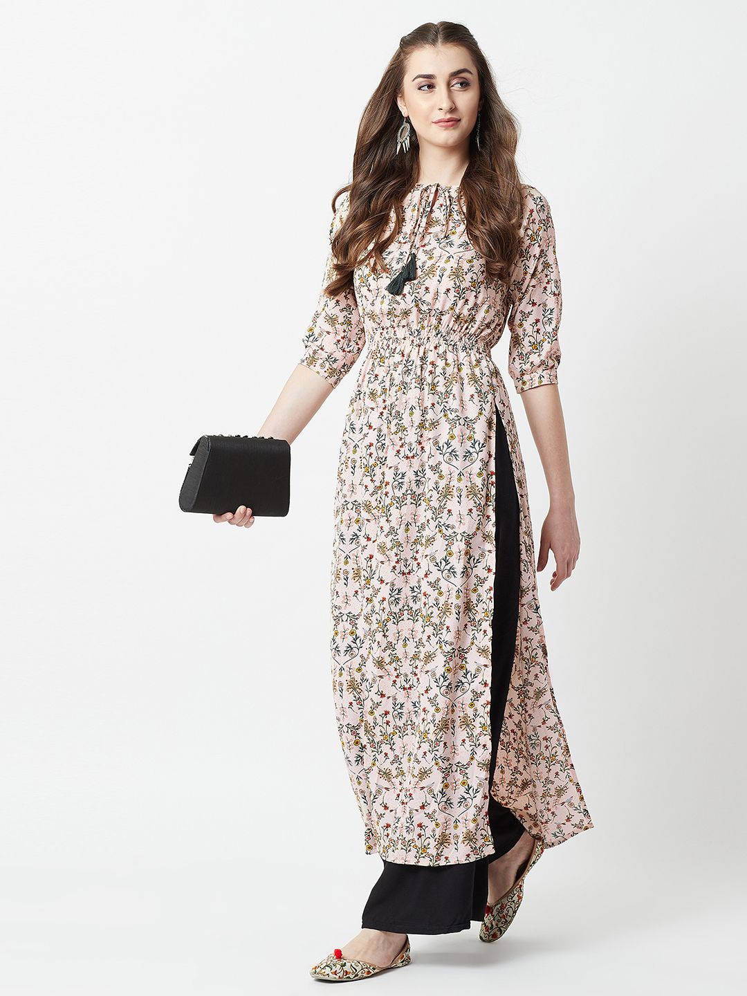 

Miss Chase Women Floral Print Tie-up Neck A-line Kurta, White