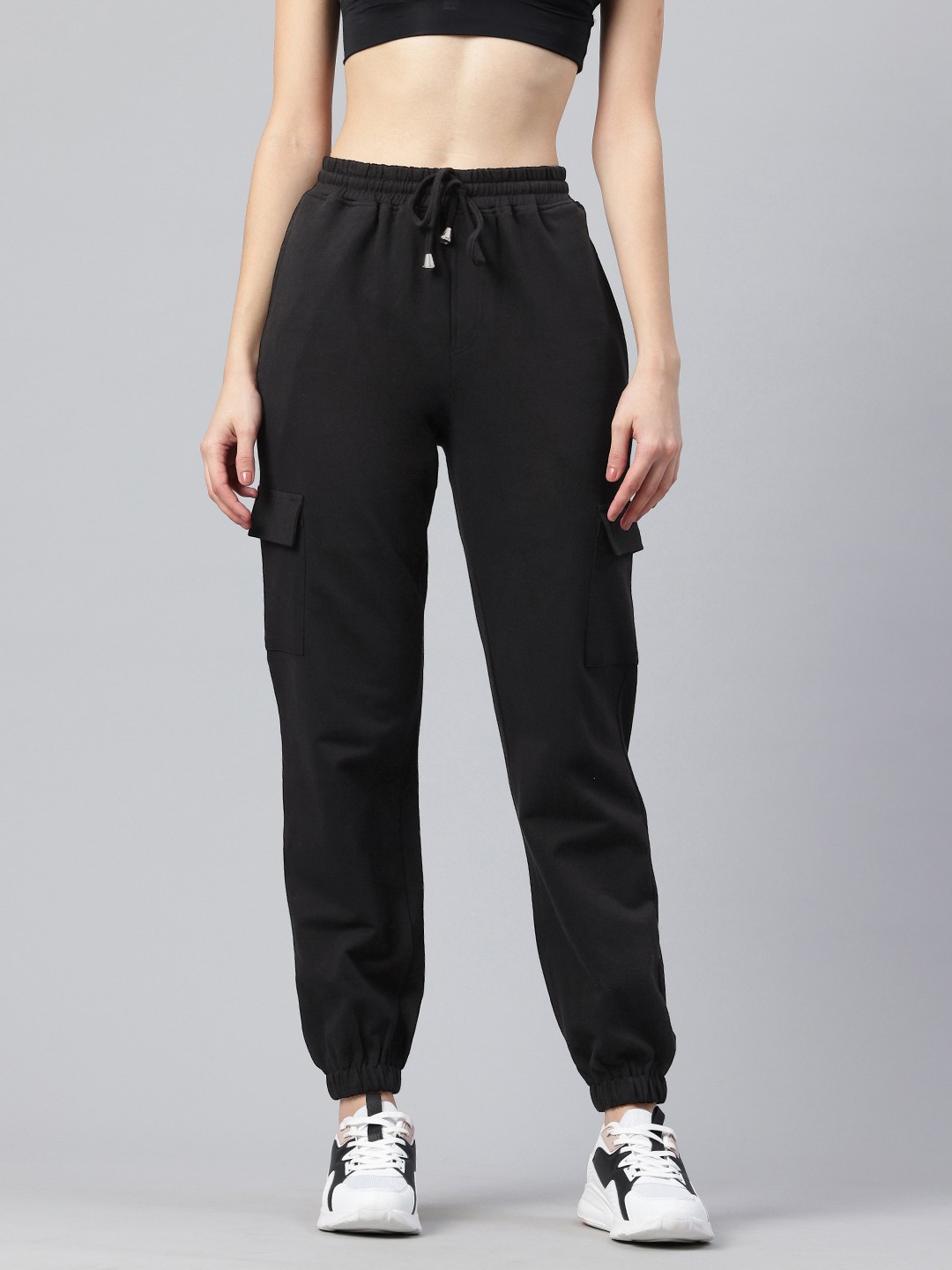 

Popnetic Women High-Rise Pure Cotton Cargo Joggers, Black