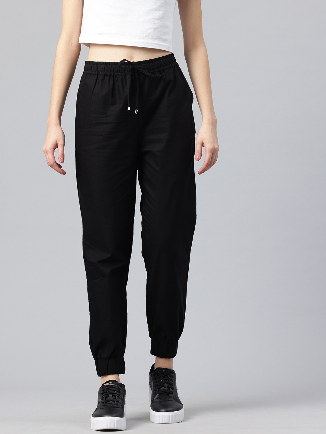 

Popnetic Women Pure Cotton High-Rise Cargo Style Joggers Trousers, Black