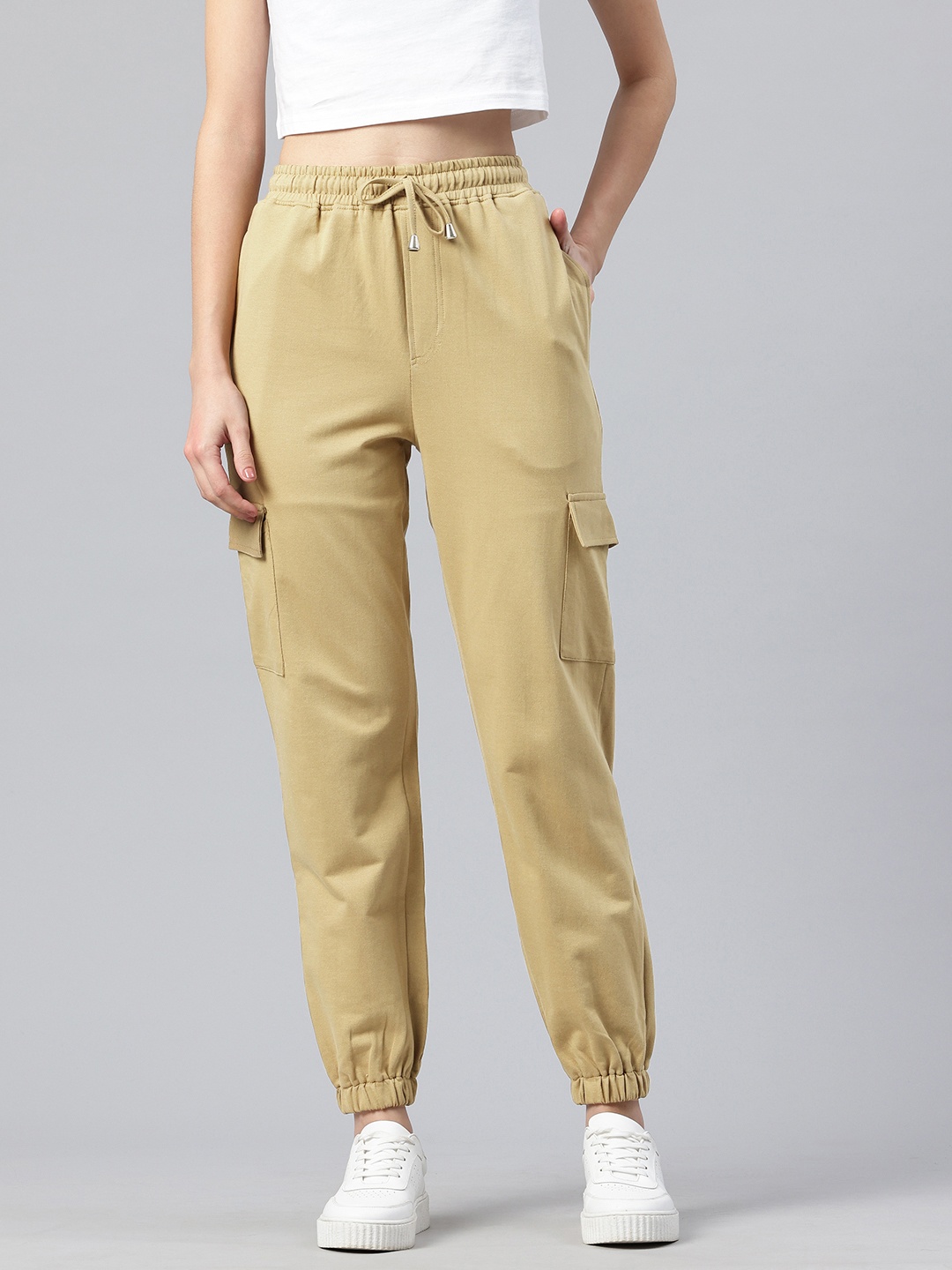 

Popnetic Women Pure Cotton High-Rise Cargo Style Joggers Trousers, Beige