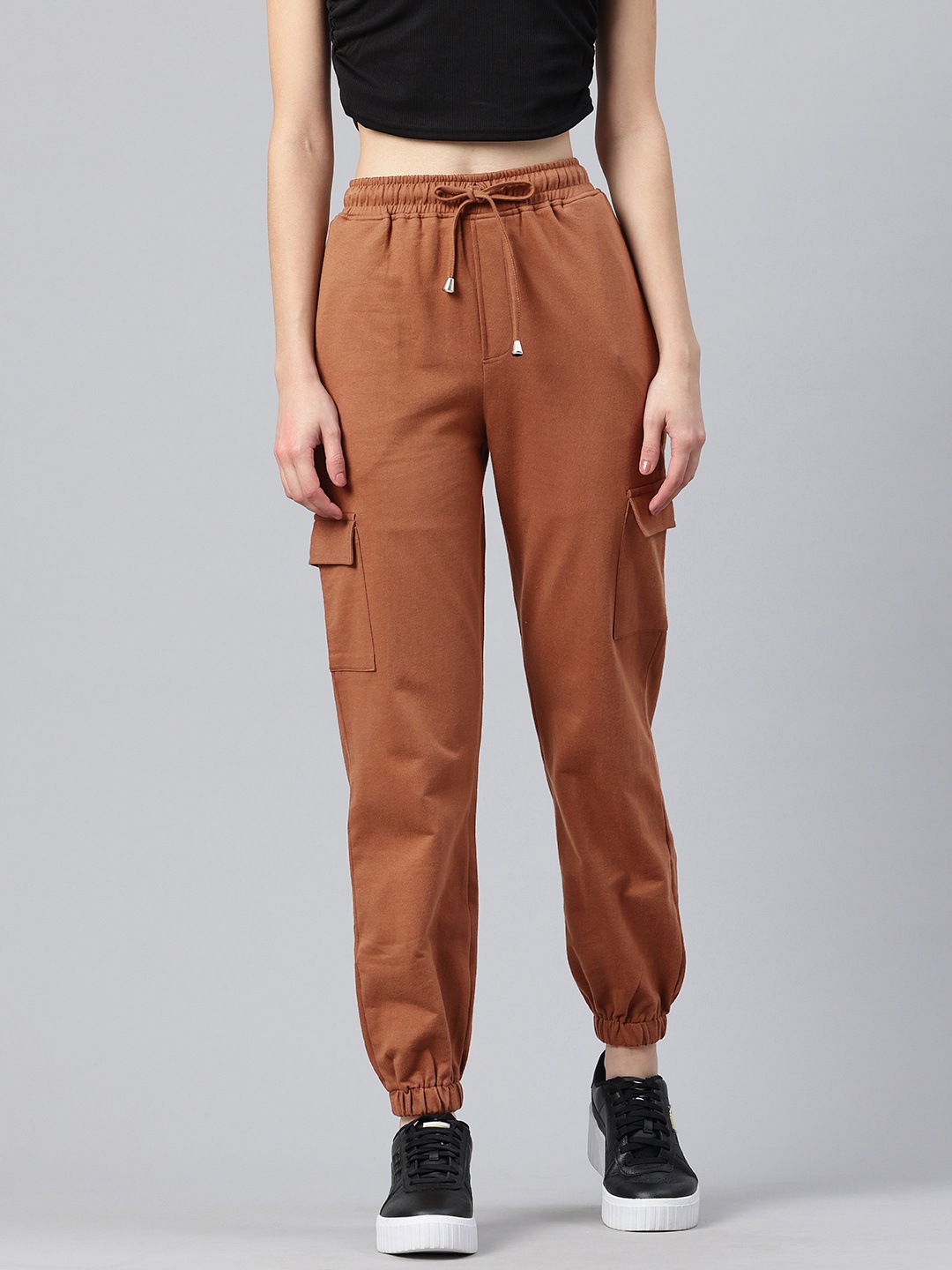 

Popnetic Women Pure Cotton High-Rise Cargo Style Joggers Trousers, Brown