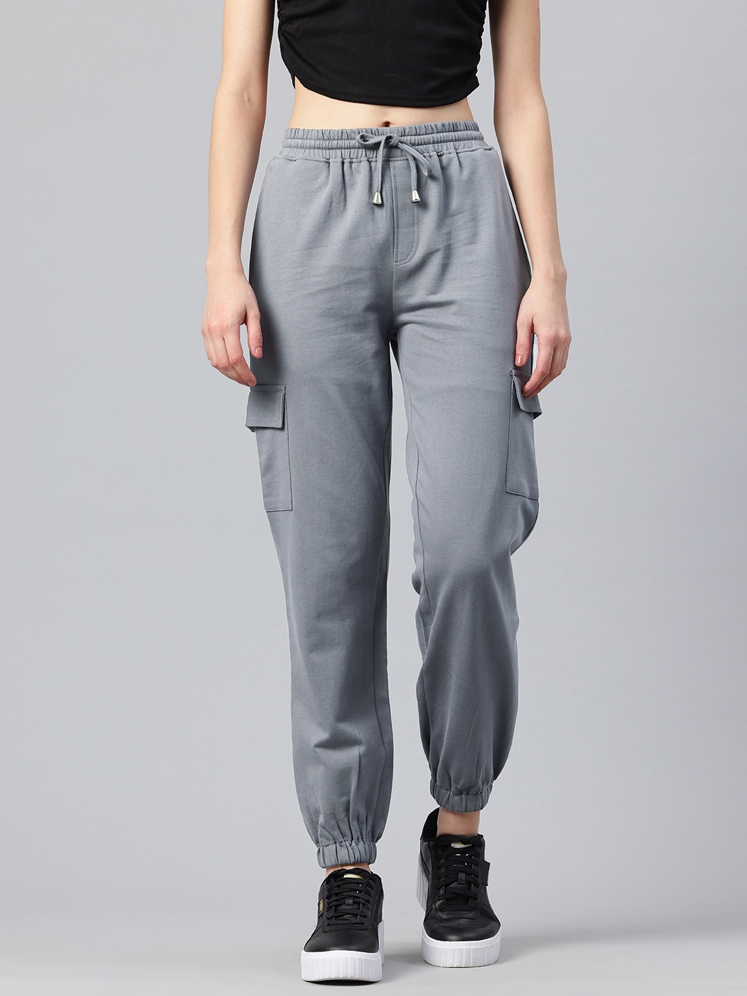 

Popnetic Women Pure Cotton High-Rise Cargo Style Joggers Trousers, Grey