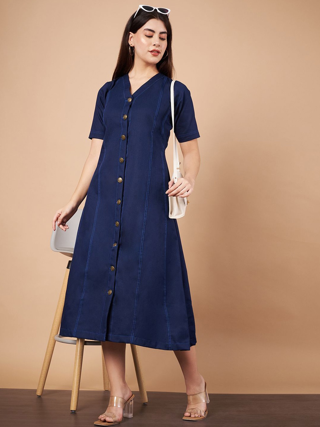 

Hencemade Women Denim A-Line Cotton Midi Dress, Blue