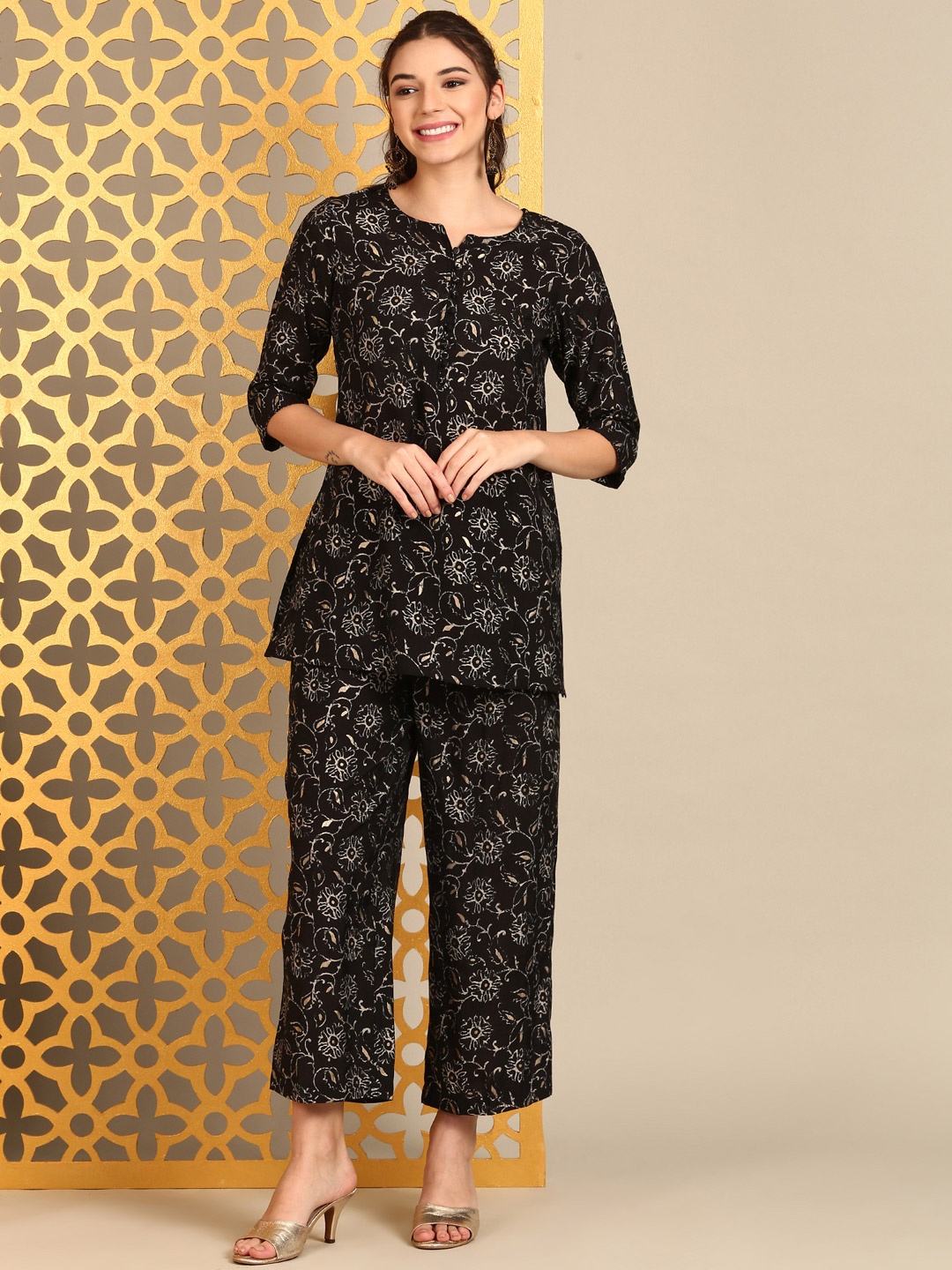 

Anouk Black Floral Printed Mandarin Collar Tunic & Palazzo