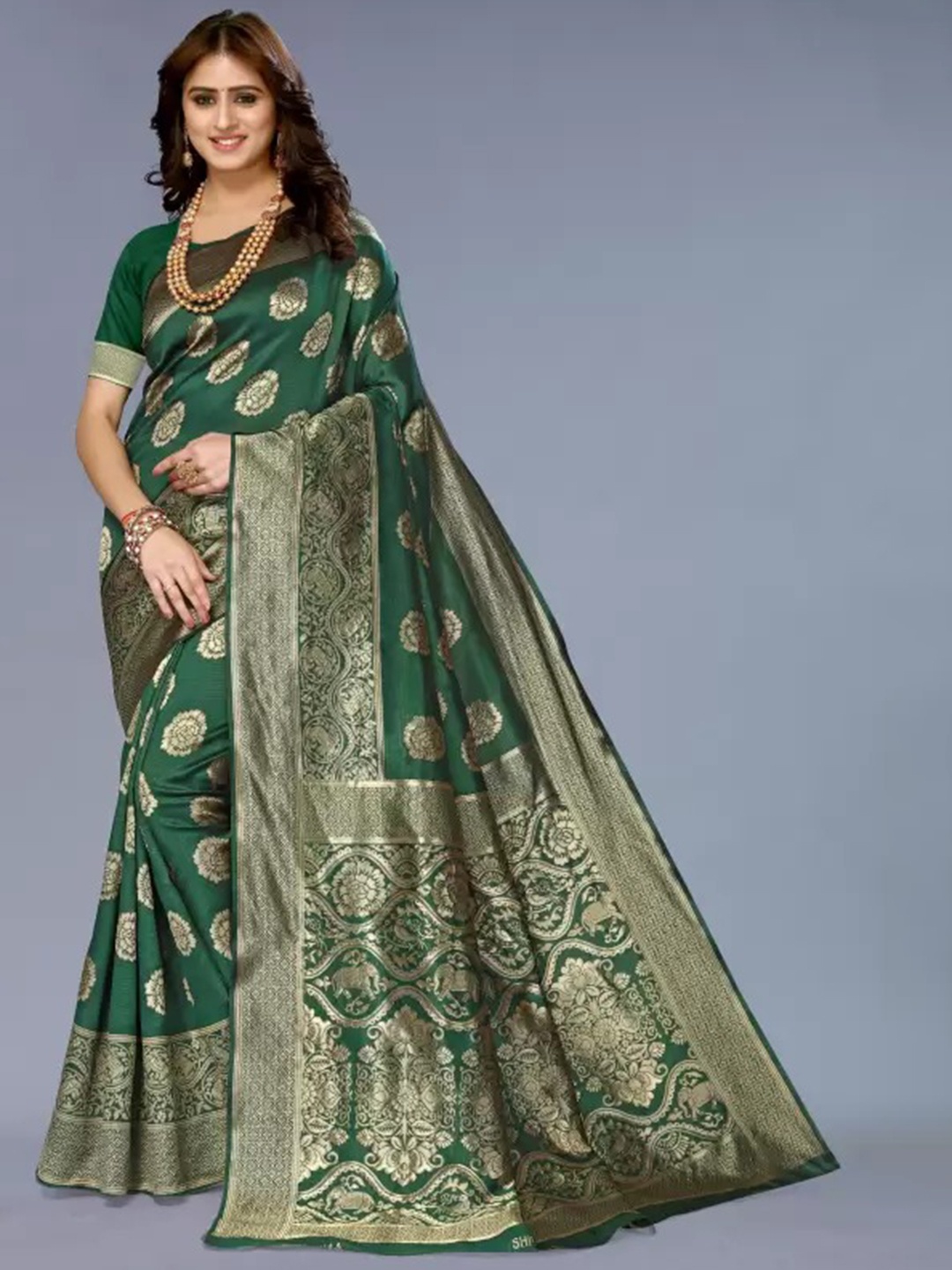

KALINI Woven Design Zari Pure Silk Banarasi Saree, Green