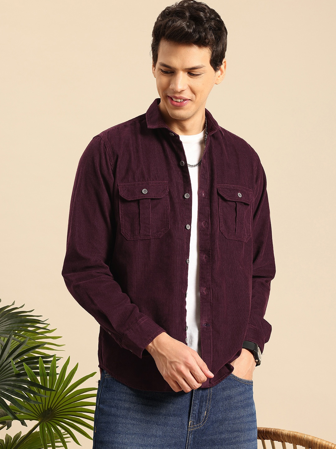 

Mast & Harbour Men Standard Pure Cotton Corduroy Casual Shirt, Burgundy