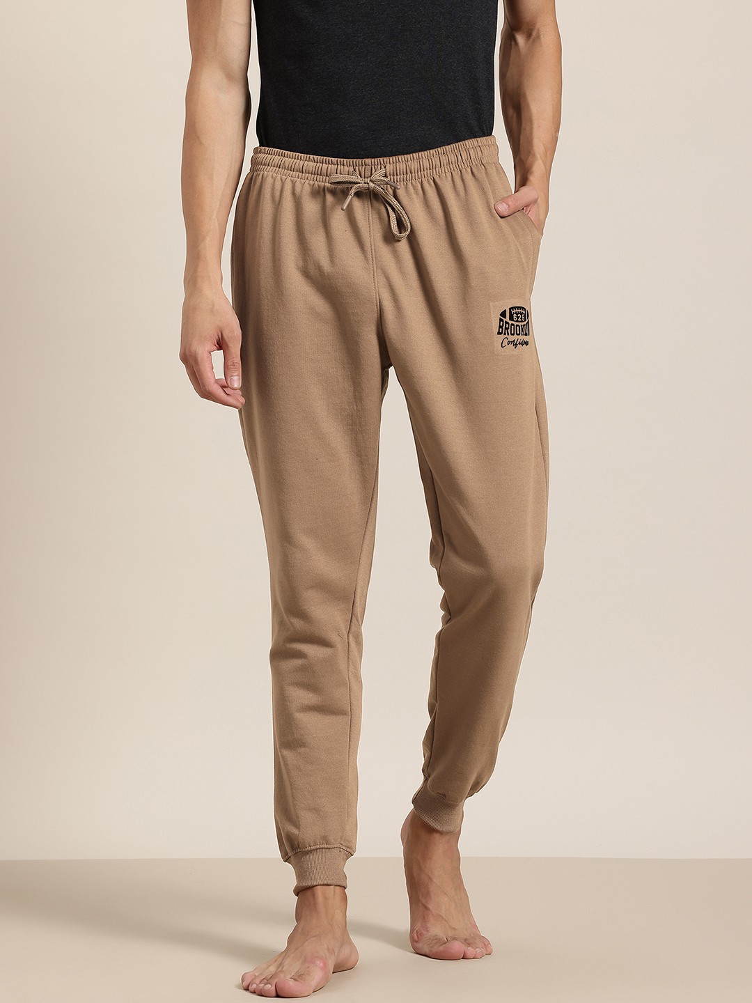 

HERE&NOW Men Solid Lounge Pants with Typography Detail, Camel brown
