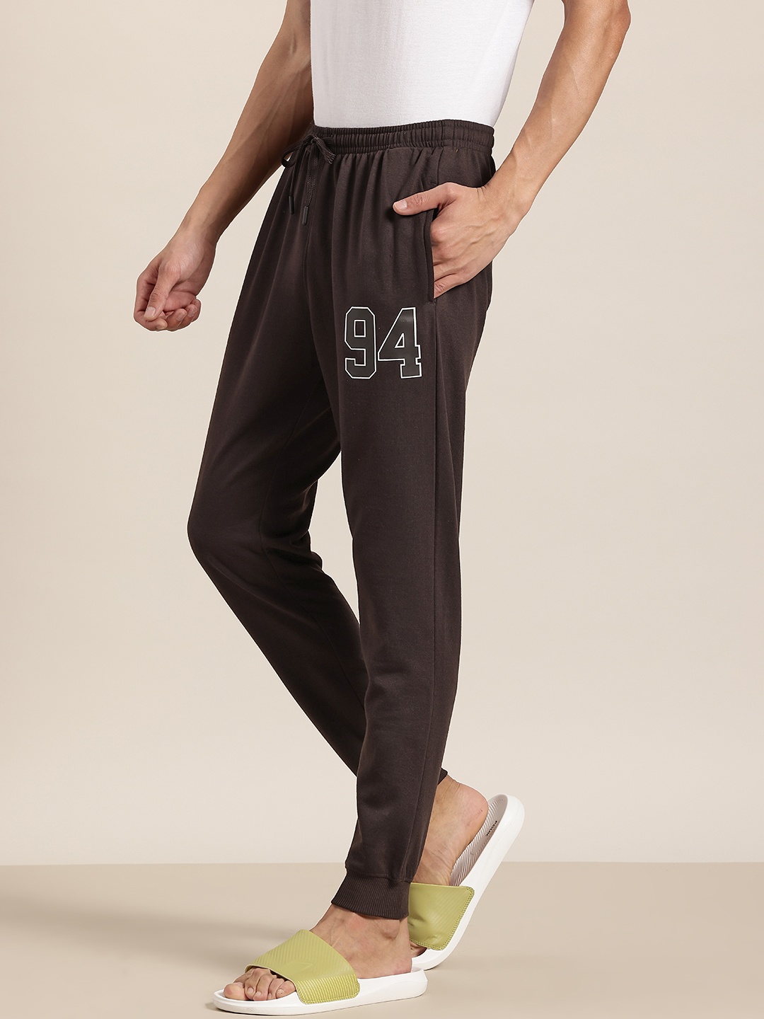 

HERE&NOW Men Solid Lounge Pants with Typography Detail, Coffee brown