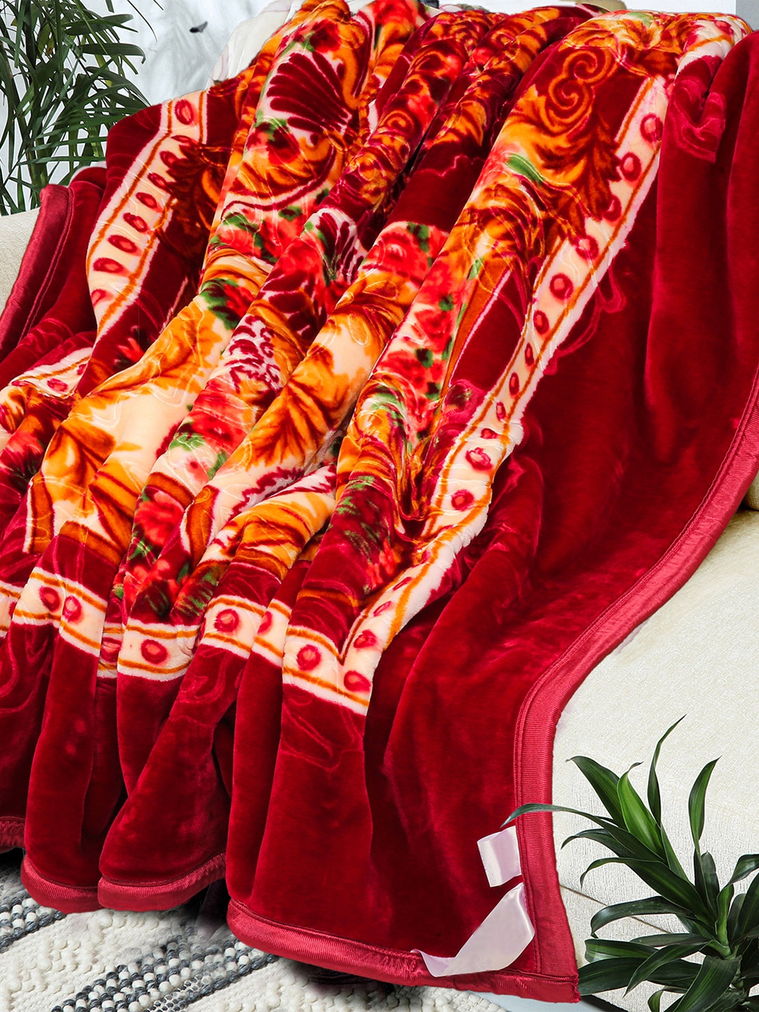 

bsb home Red & Yellow Floral Mink Heavy Winter 500 GSM Double Bed Blanket