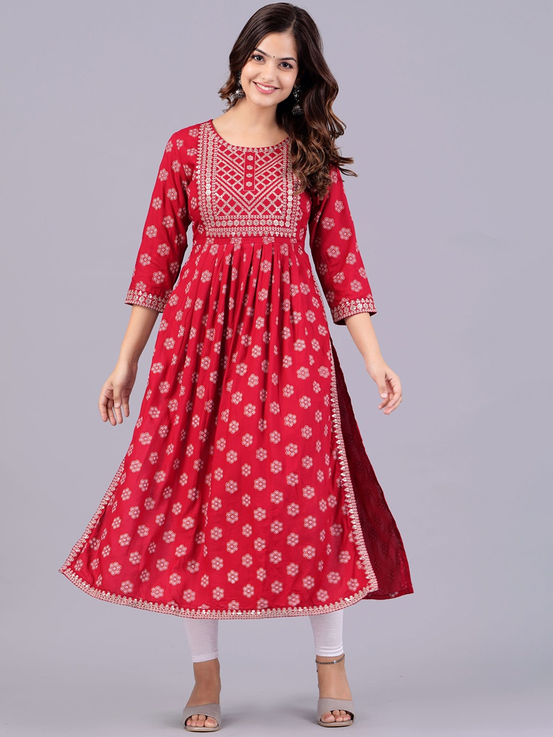 

NEW4U Floral Yoke Design Straight Kurta, Red