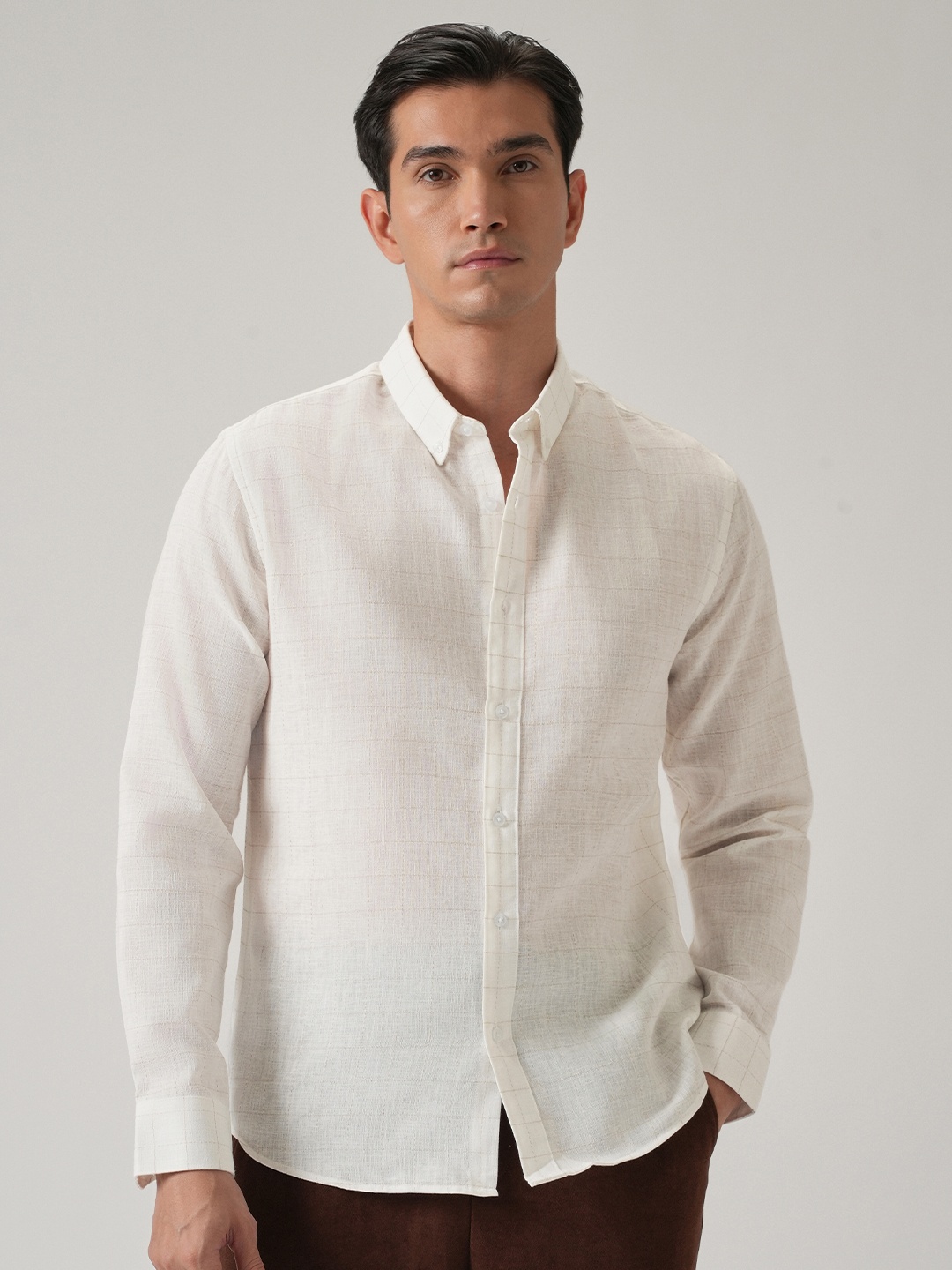 

Banana Club Men Classic Slim Fit Semi Sheer Checked Casual Linen Shirt, Off white