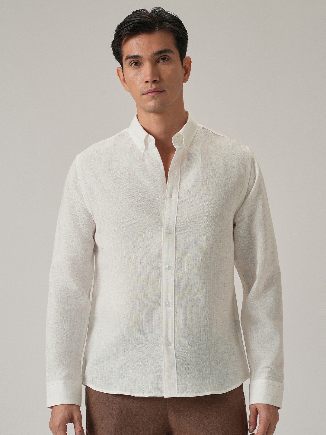 

Banana Club Men Classic Slim Fit Semi Sheer Checked Casual Linen Shirt, Off white