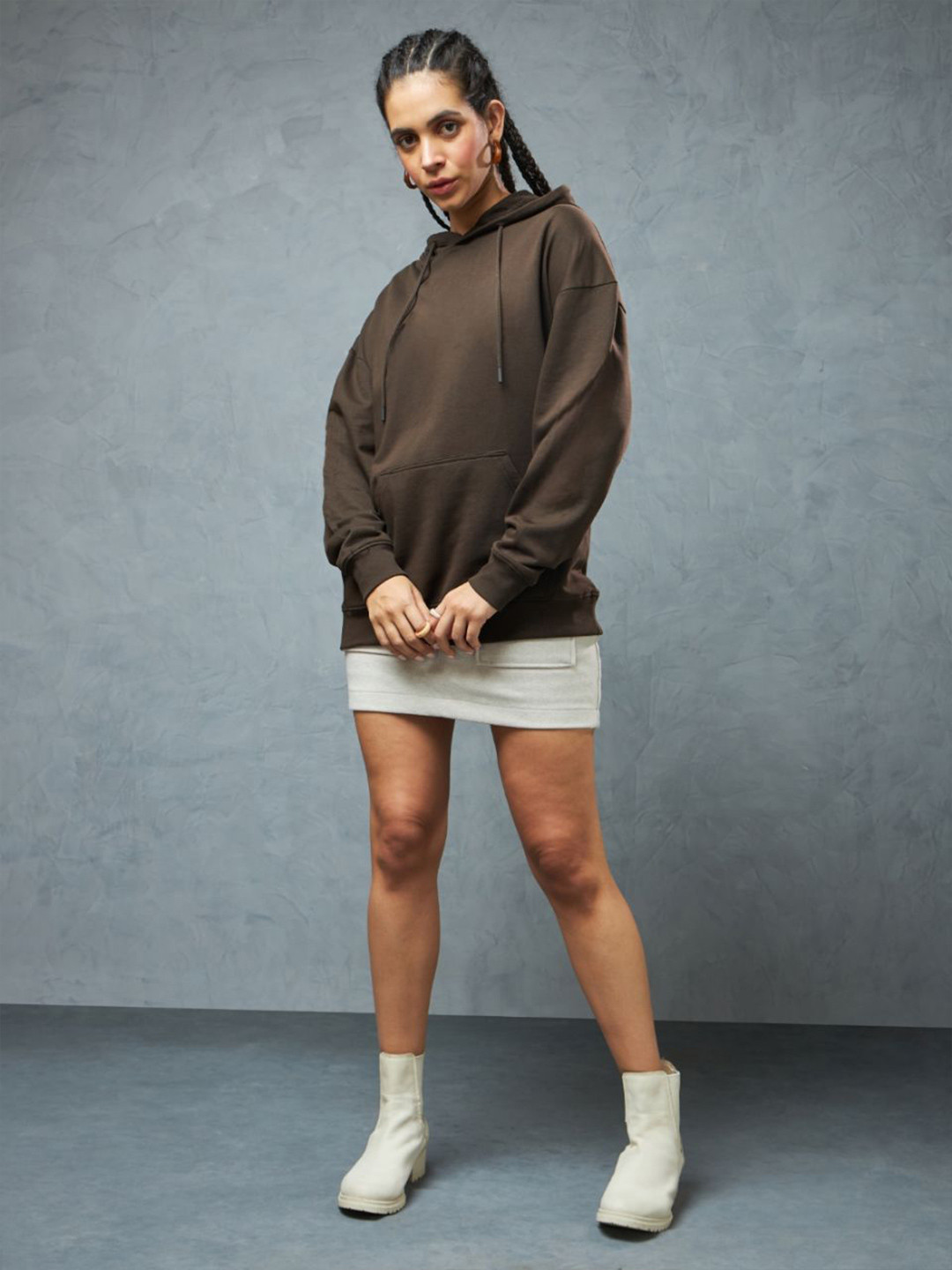 

Weezy Women Cotton Round Neck Solid Oversized Hooded Sweatshirt, Brown