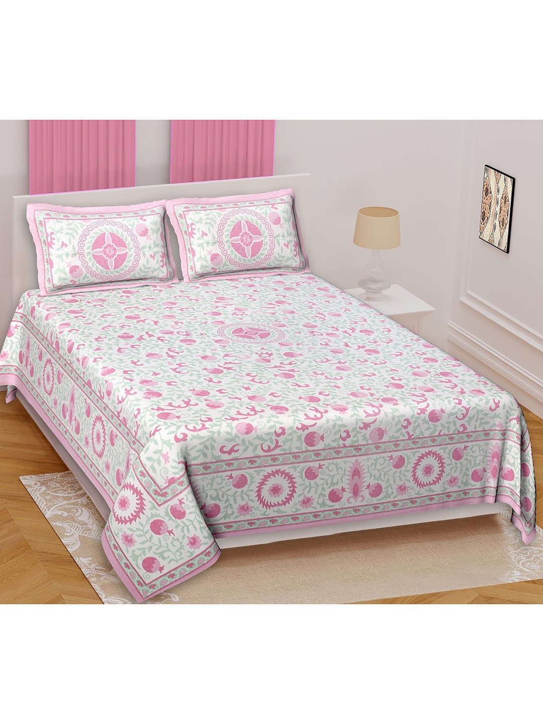 

Texstylers Pink Ethnic Motifs 210 TC Queen Bedsheet with 2 Pillow Covers