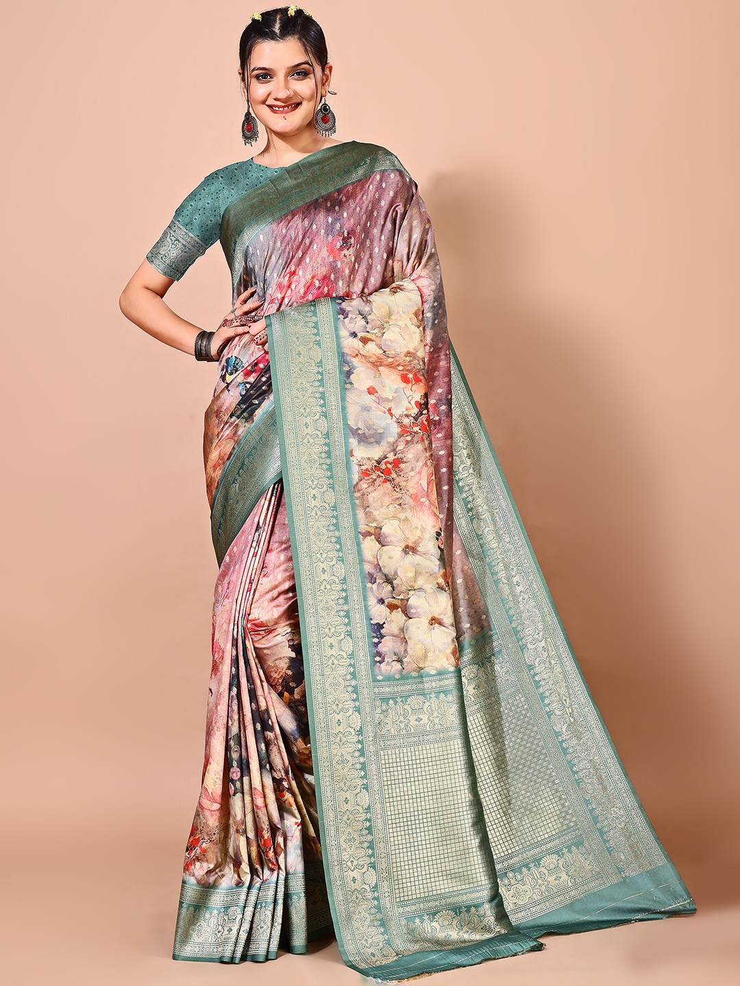 

Avyay Creation Floral Printed Zari Tussar Saree, Cream