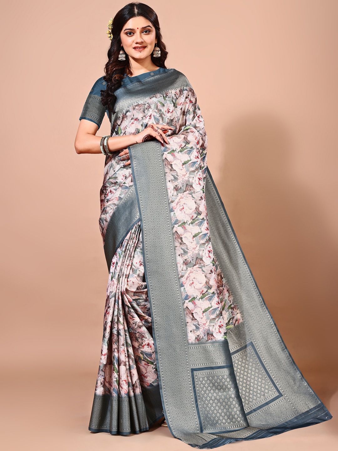 

Avyay Creation Floral Printed Zari Traditional Banarasi Saree, Grey