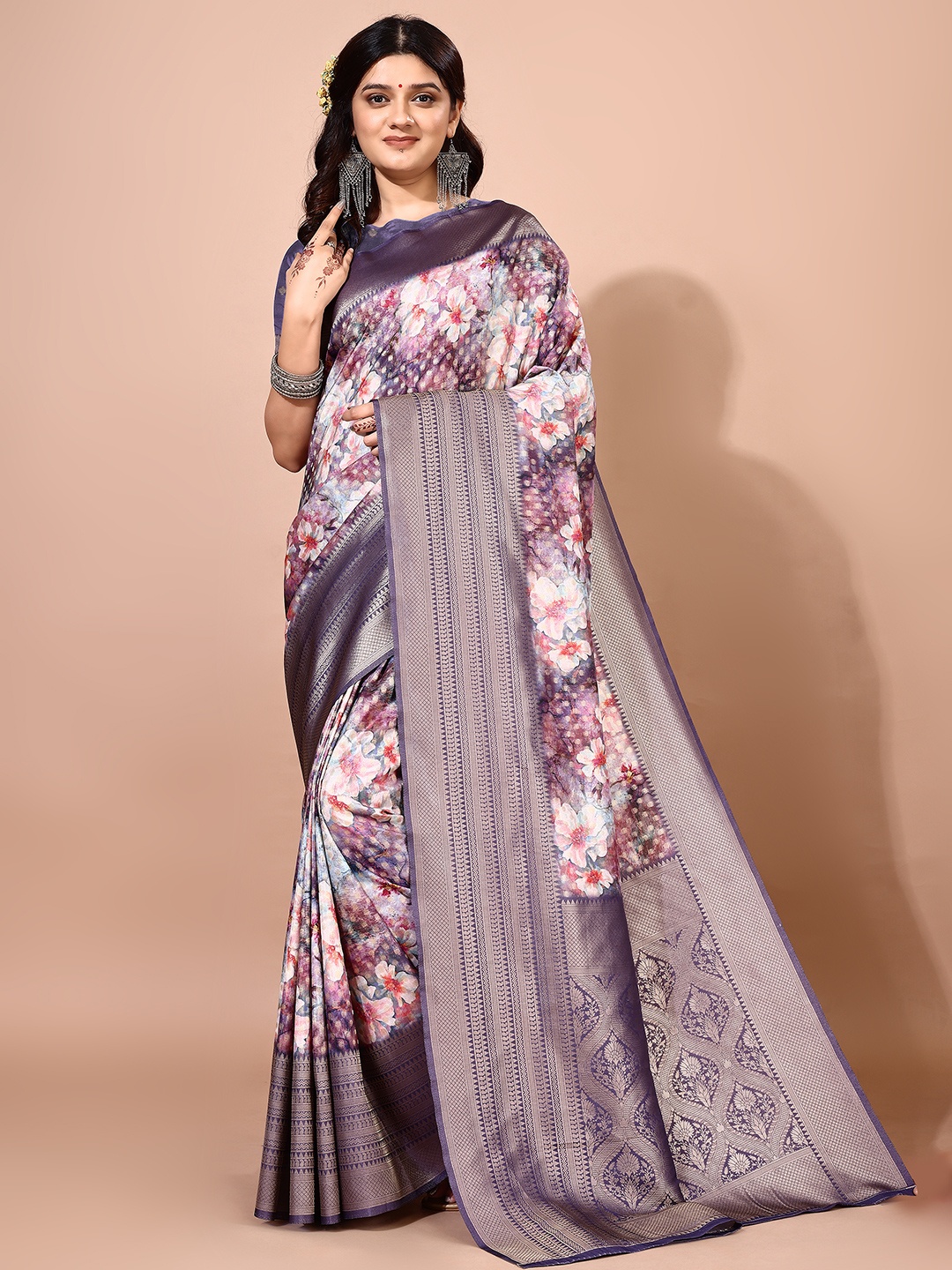 

Avyay Creation Floral Printed Zari Pure Georgette Banarasi Saree, Purple