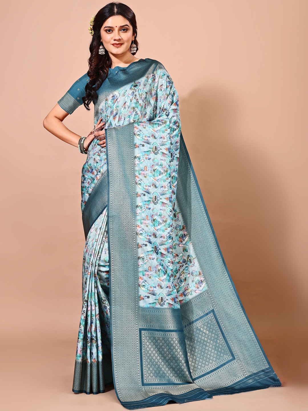 

Avyay Creation Abstract Printed Zari Woven Design Banarasi Saree, Teal