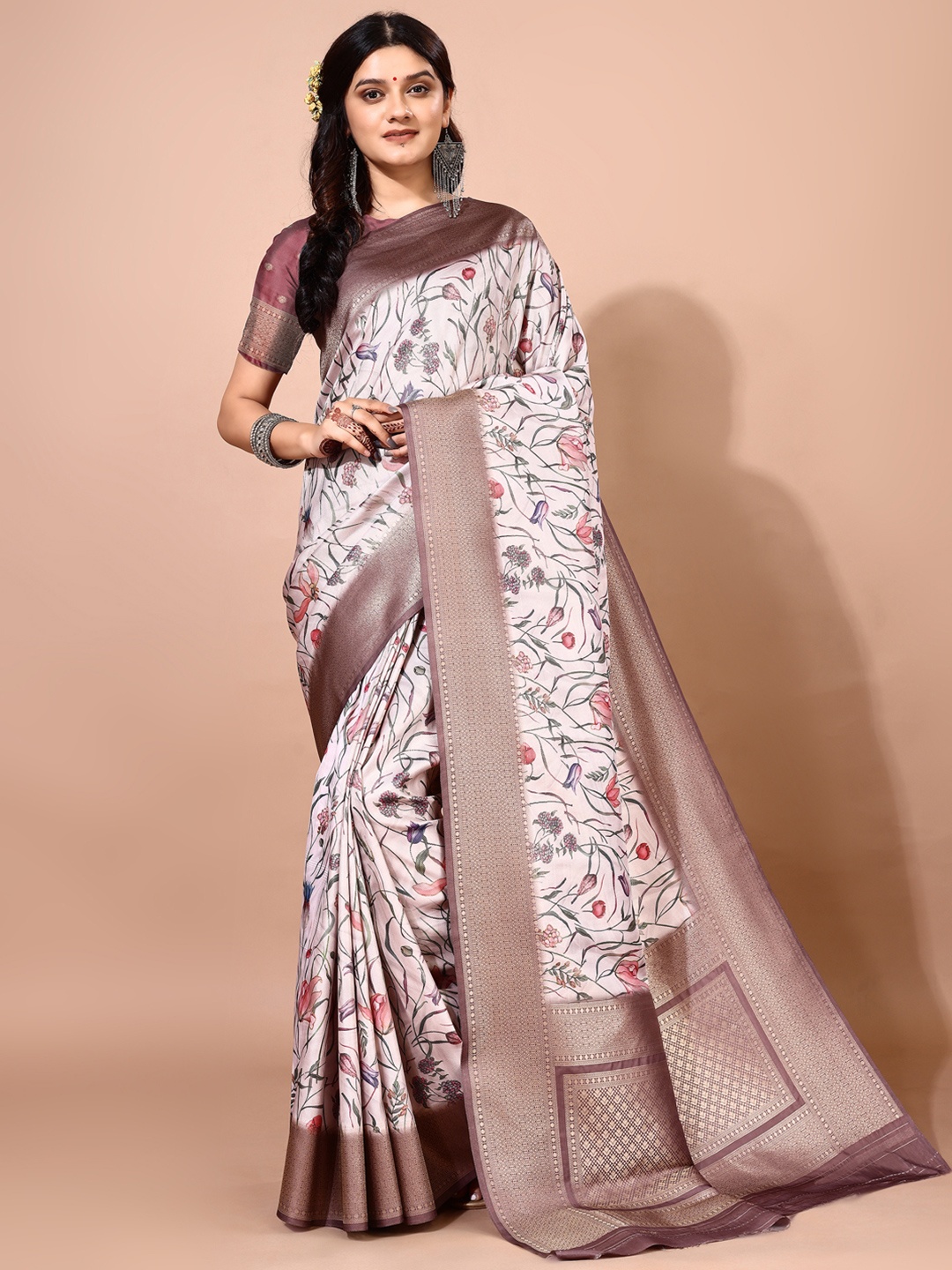 

Avyay Creation Floral Printed Woven Design Banarasi Saree, Off white