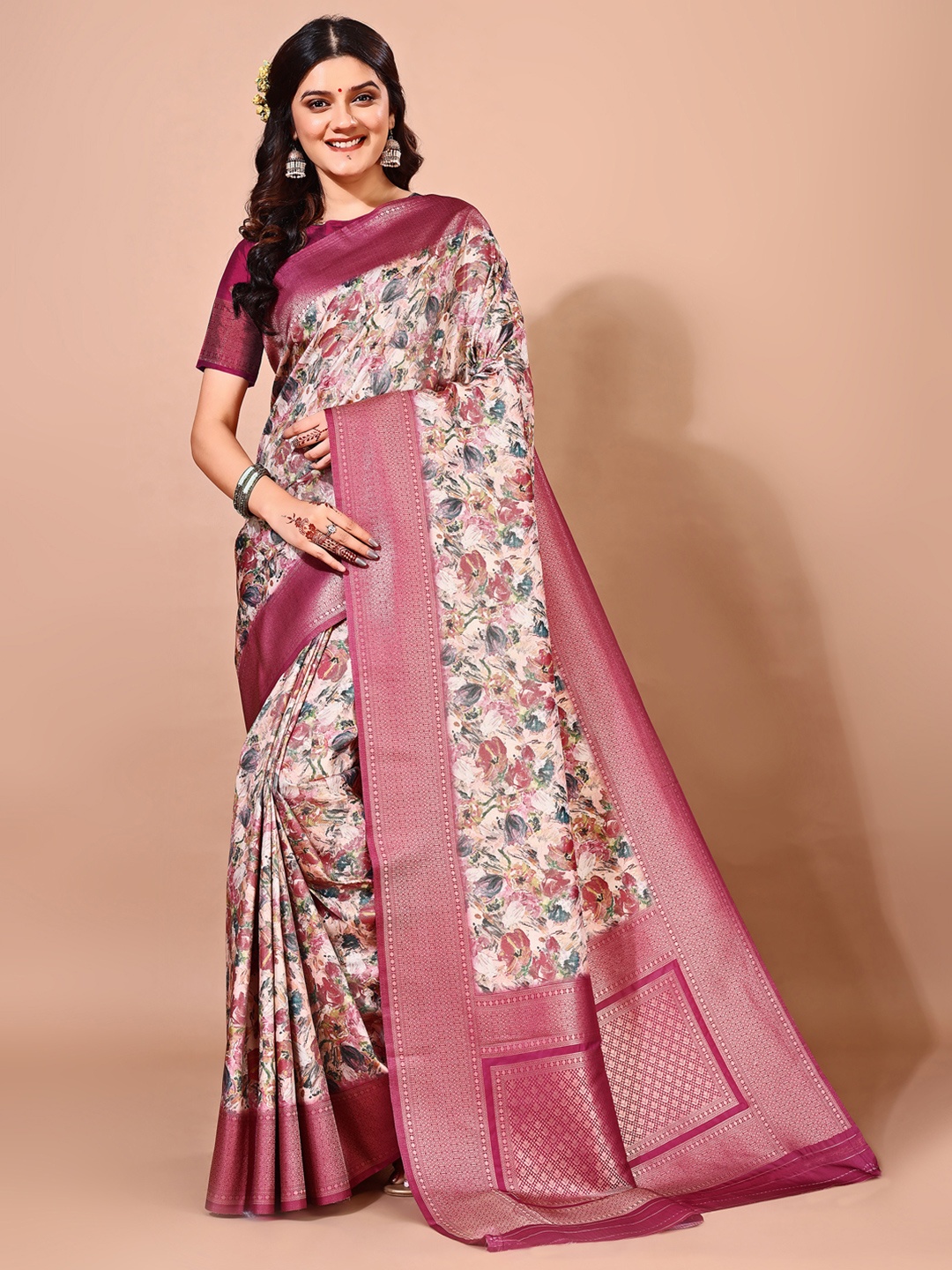 

Avyay Creation Floral Printed Zari Banarasi Saree, Red