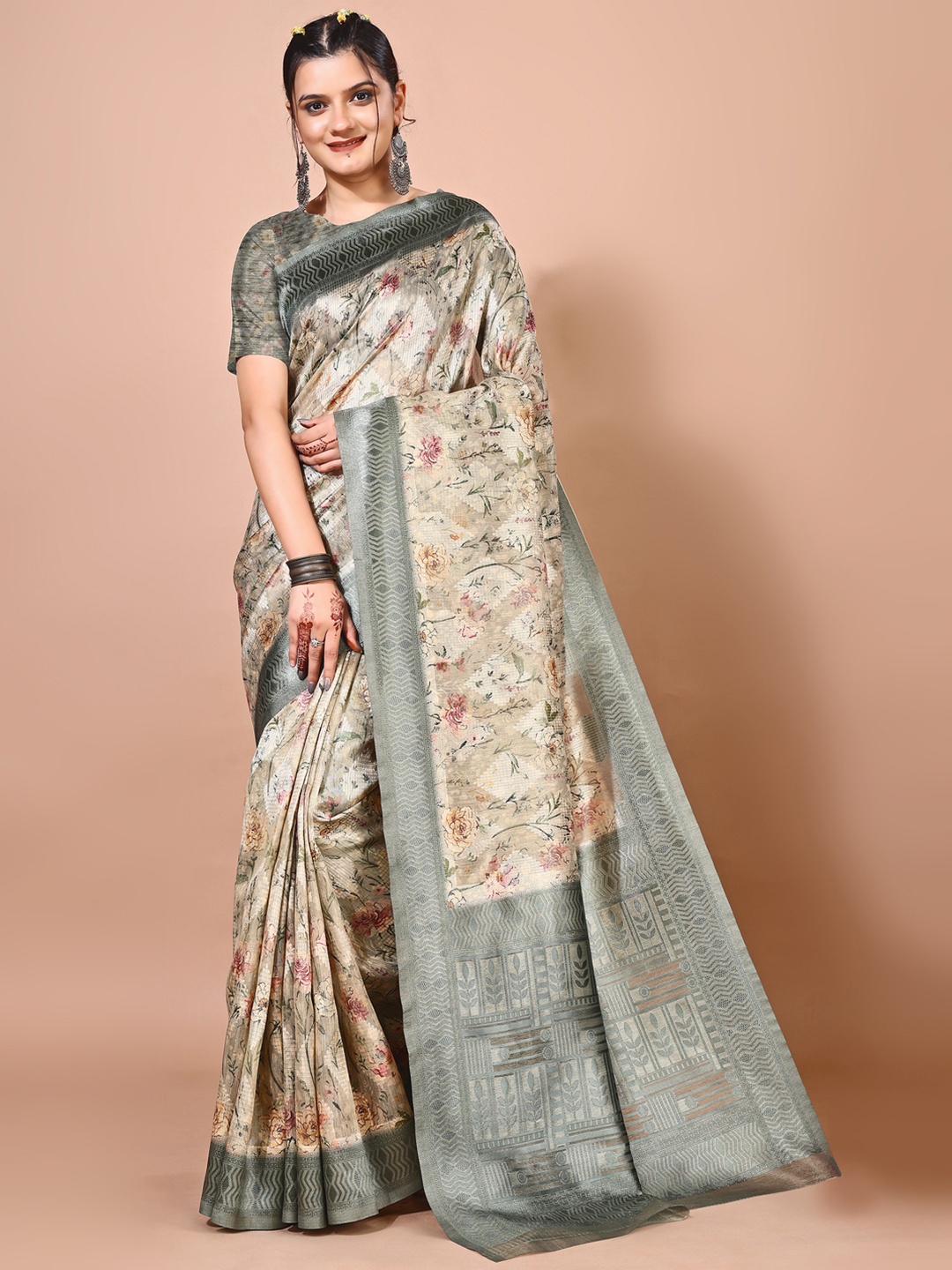 

Avyay Creation Floral Printed Woven Design Zari Organza Saree With Blouse Piece, Beige